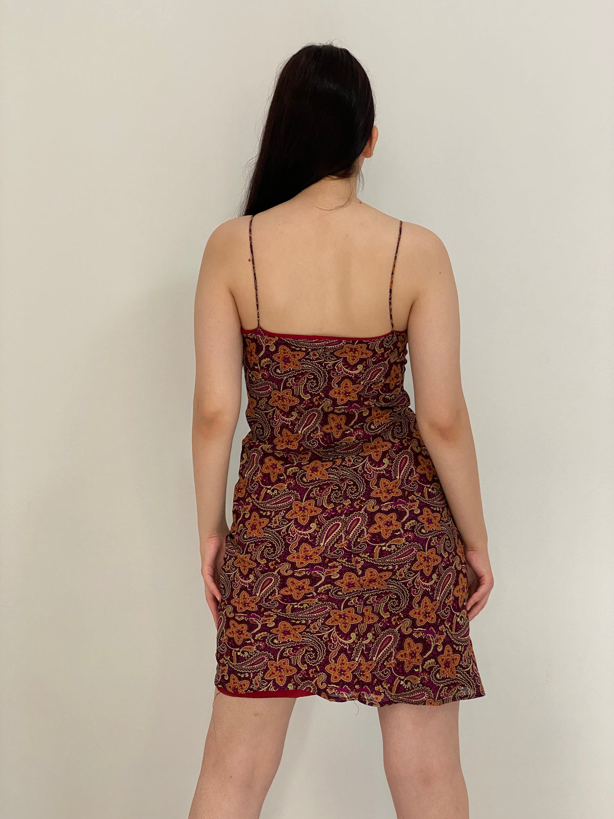 Vintage 90s Janette USA Burgundy Floral Paisley Slip Mini Dress – S