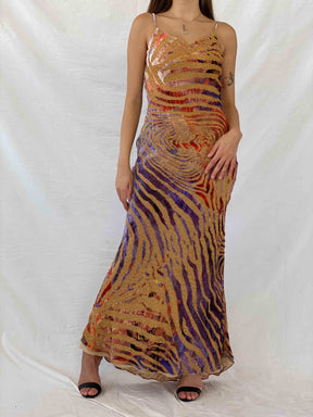 Vintage 90s IF Elegant Style Beaded Velvet Zebra Pattern Gown - Balagan Vintage