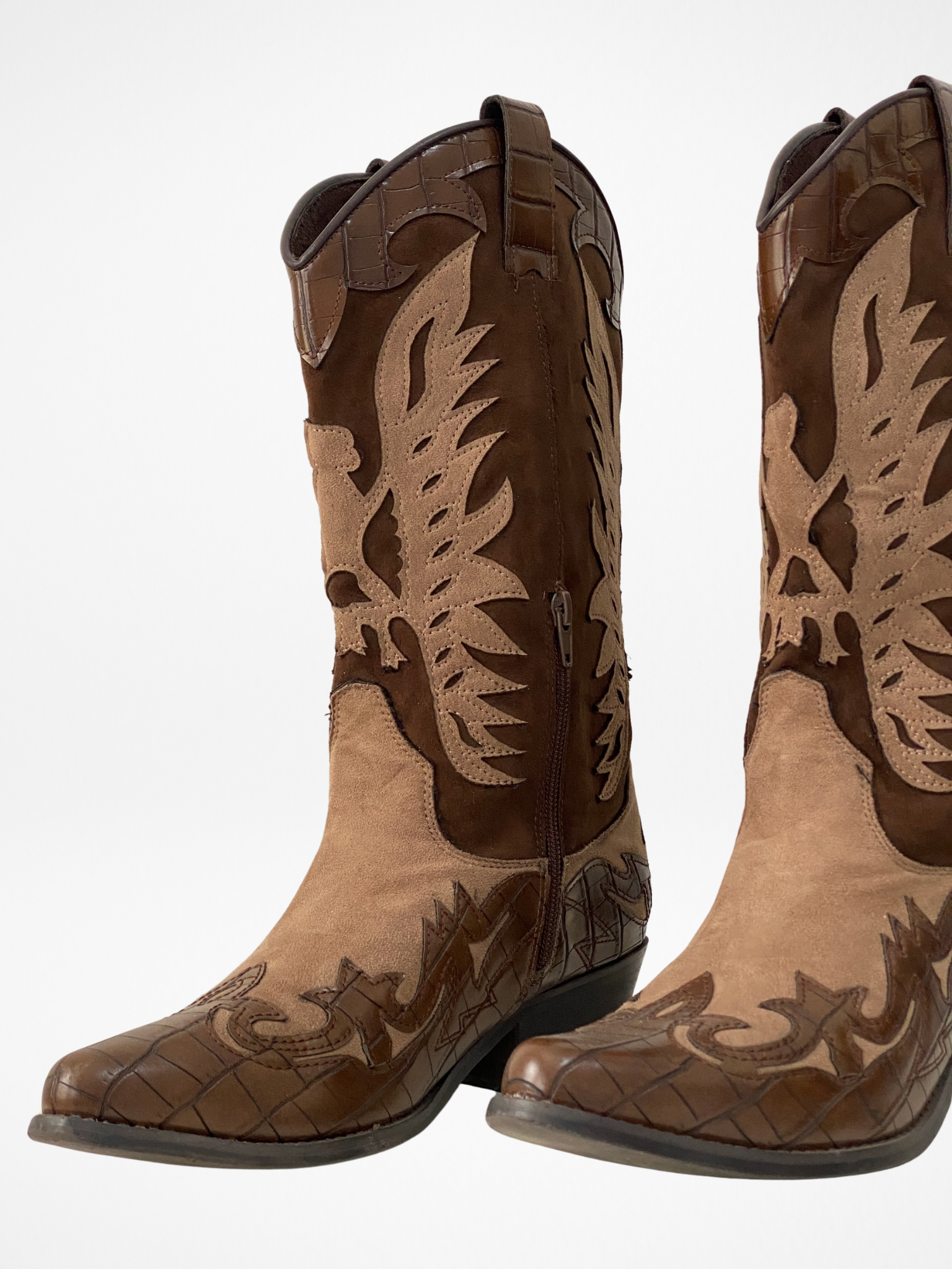 Corina Western Cowboy Boots Brown Croc Embossed & Suede Statement Festival Boots - EU 41
