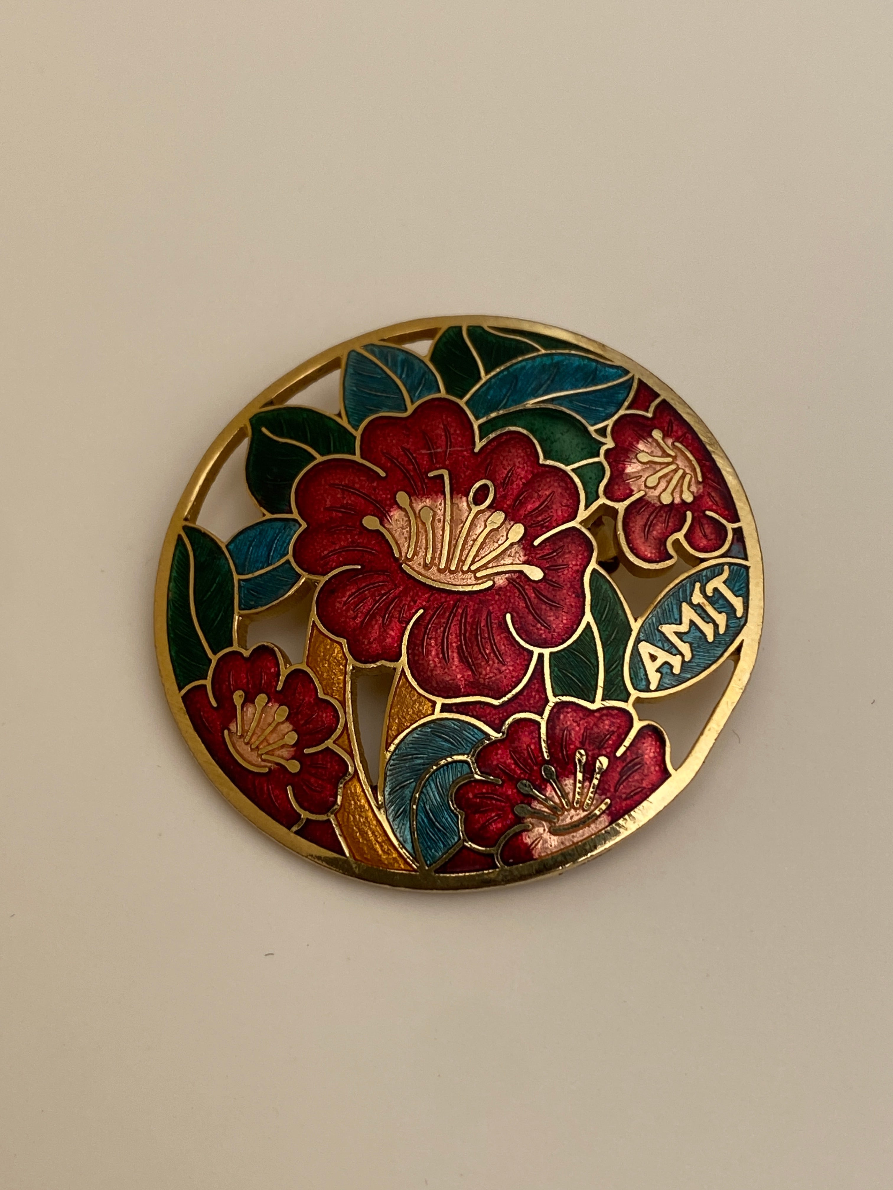 Vintage AMIT Enamel Floral Brooch Pendant Gold Tone Cloisonné Style Flower Medallion