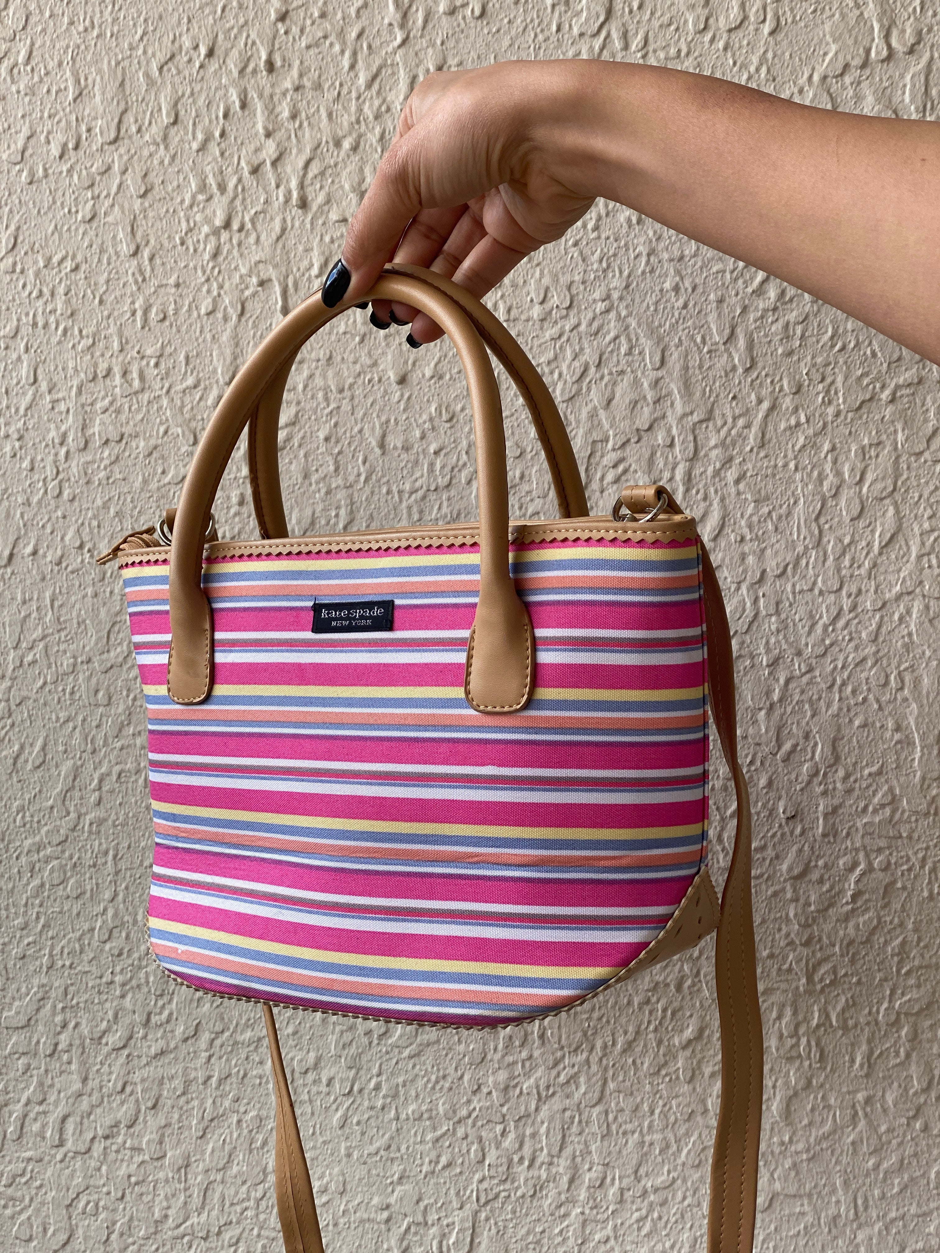Kate Spade New York Pink Striped Canvas & Leather Summer Tote Bag