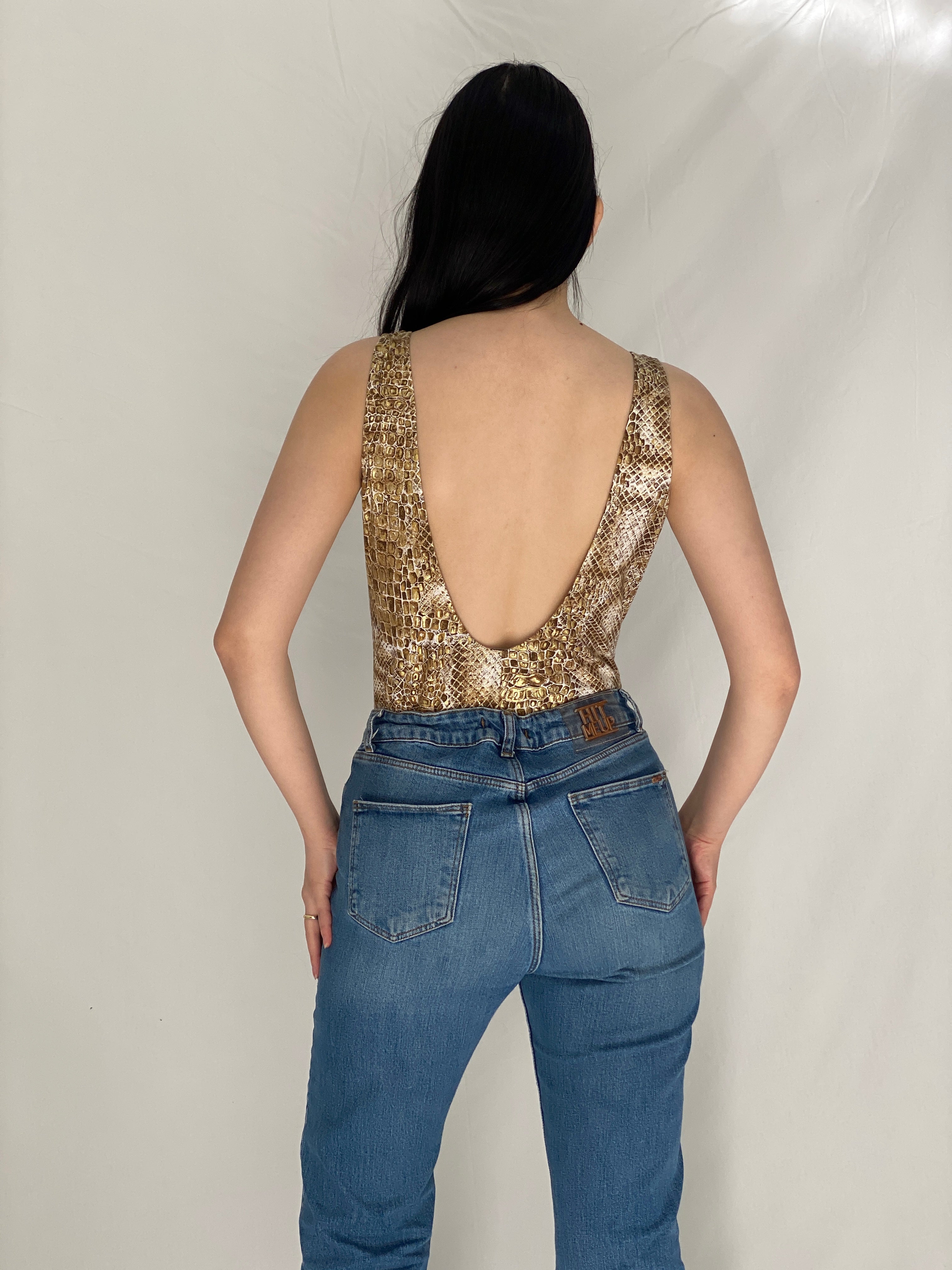 Vintage Y2K Michel Adam Gold Brown Snake Print Low Back Bodysuit - M