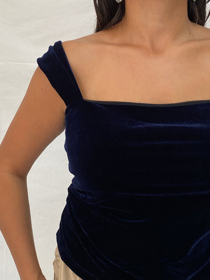Carla Zampatti Midnight Blue Velvet Evening Off-Shoulder Strap Top - M
