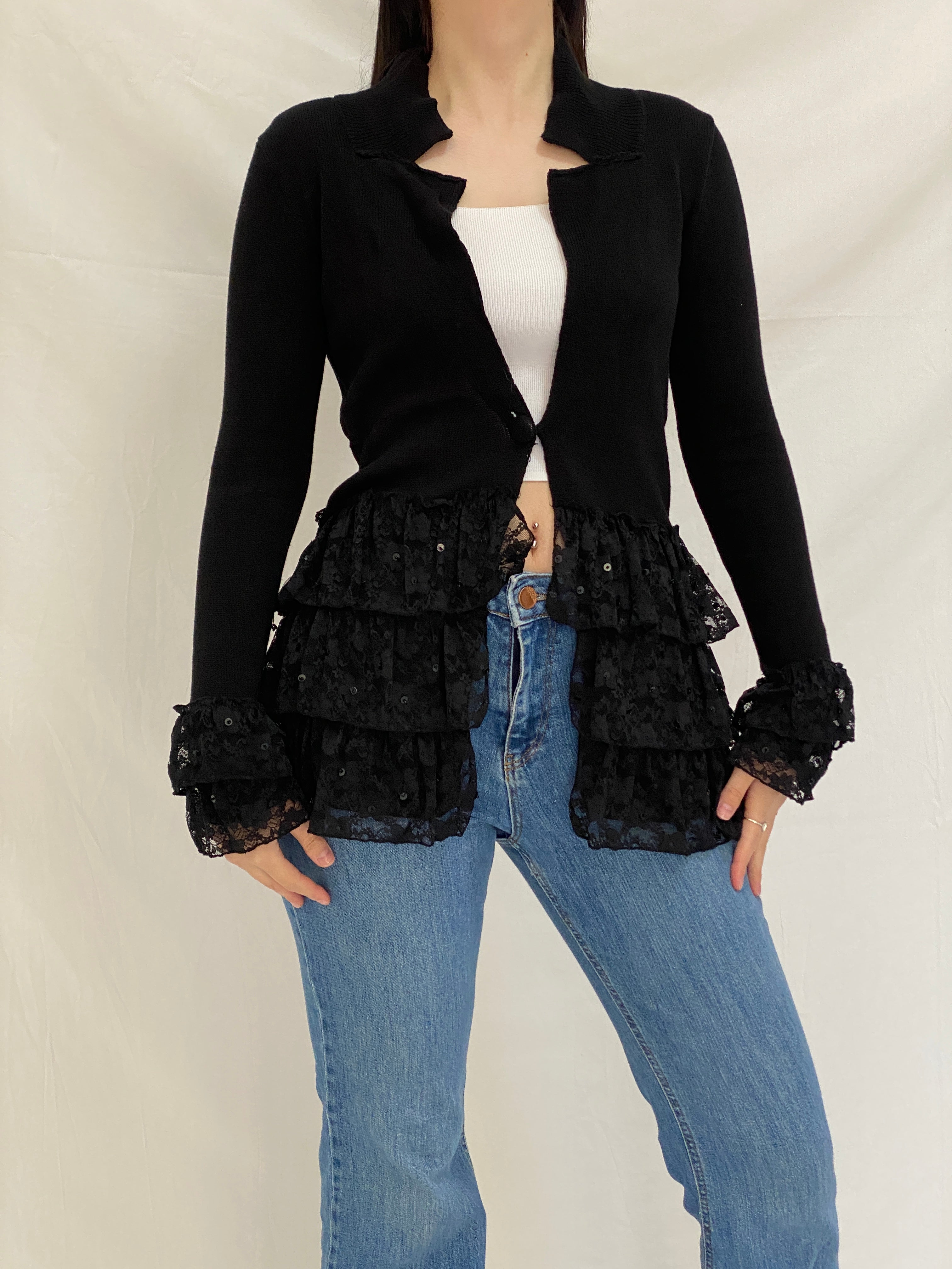 Vintage Storybook Knits Black Ruffle Lace Grunge Whimsigoth Knit Layer Cardigan - S