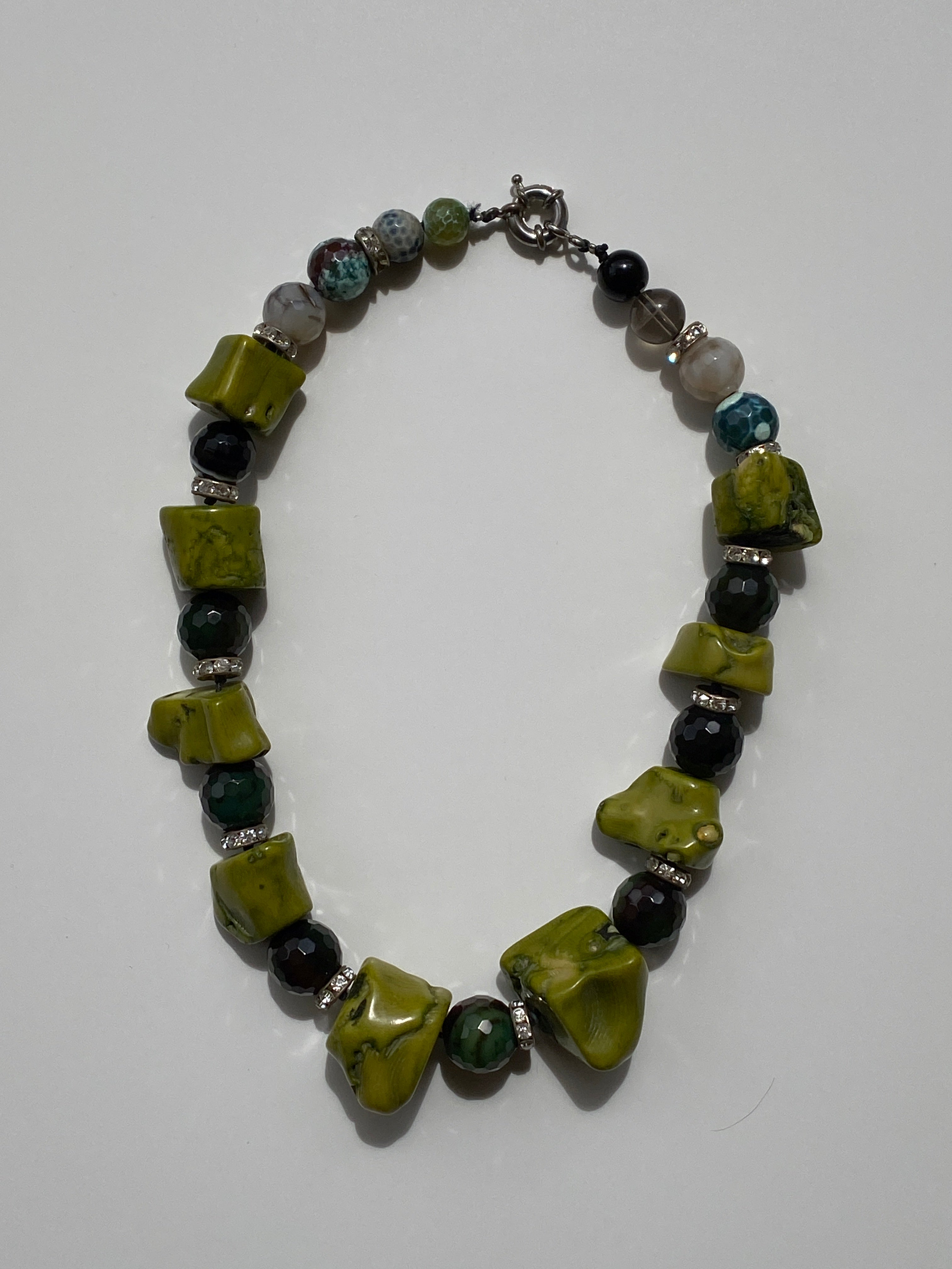 Vintage Natural Mixed Stone Statement Necklace Olive Jade, Onyx with Rhinestone Spacers