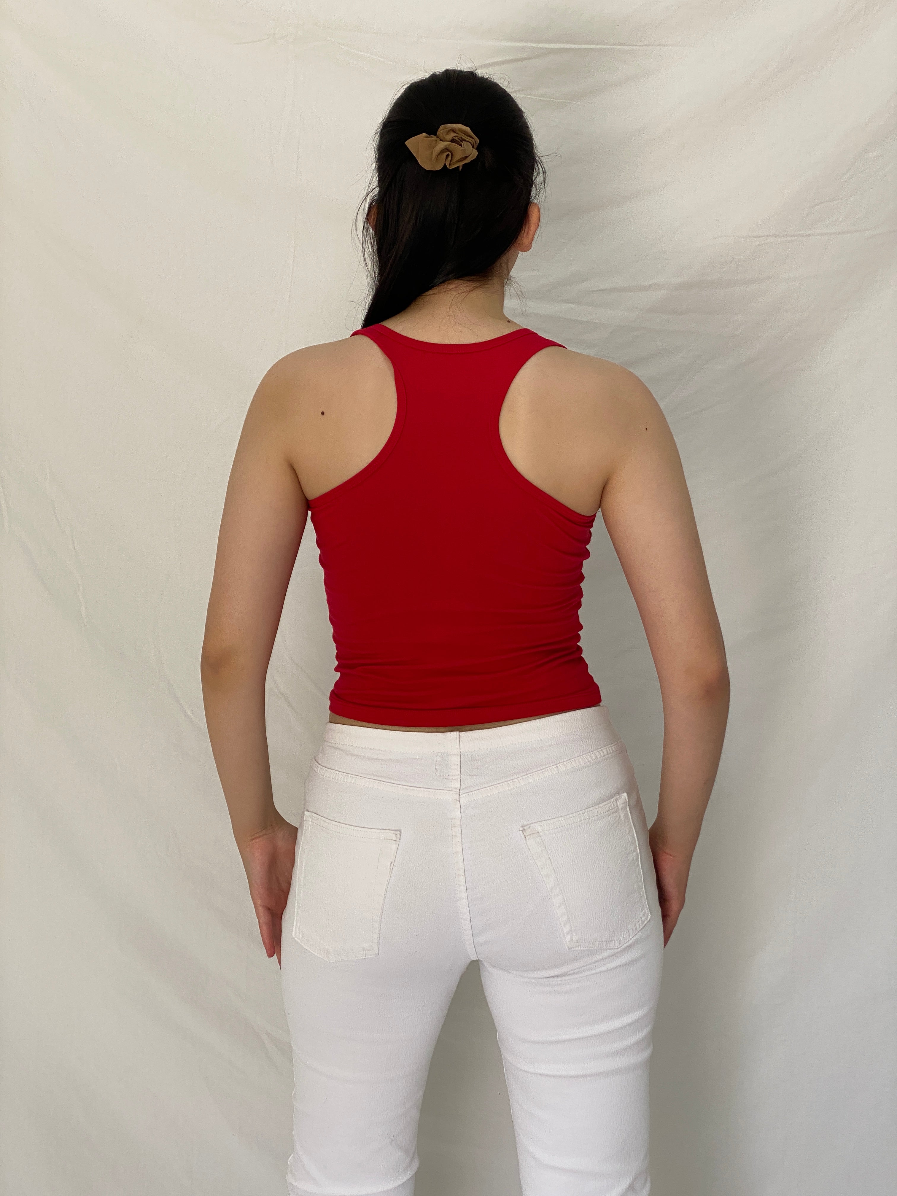 Y2K Red Cotton Blend Rhinestone Studded Racerback Tank Top - S