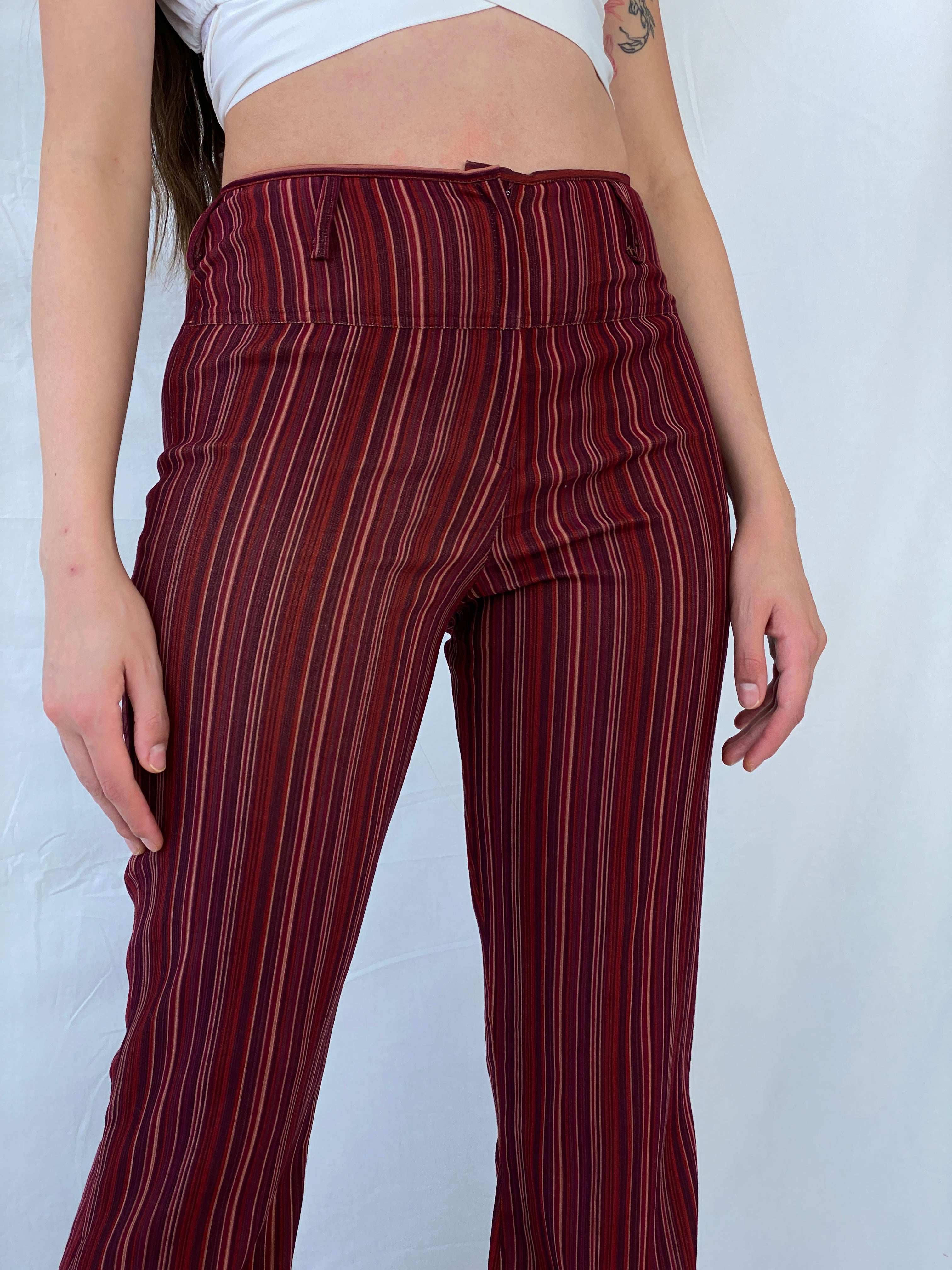 Y2K Striped Maroon Flared Leg High Waisted Pants - M