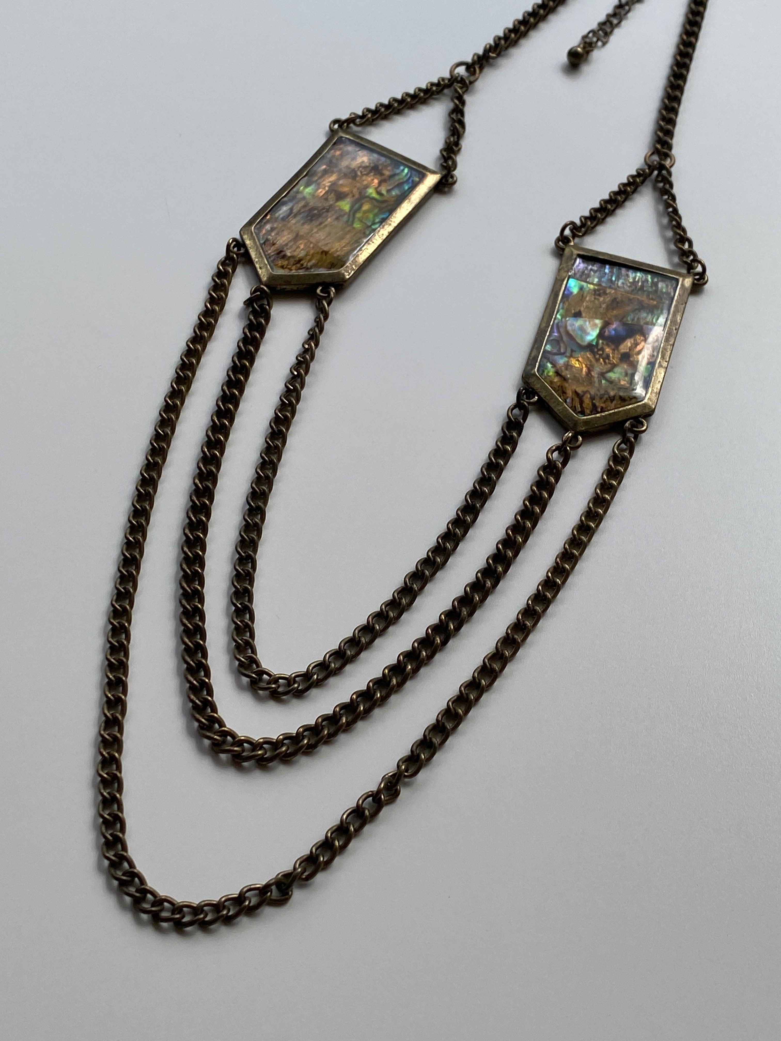 Vintage Y2K–Boho Abalone Shell & Antiqued Brass Triple Draped Chain Statement Necklace