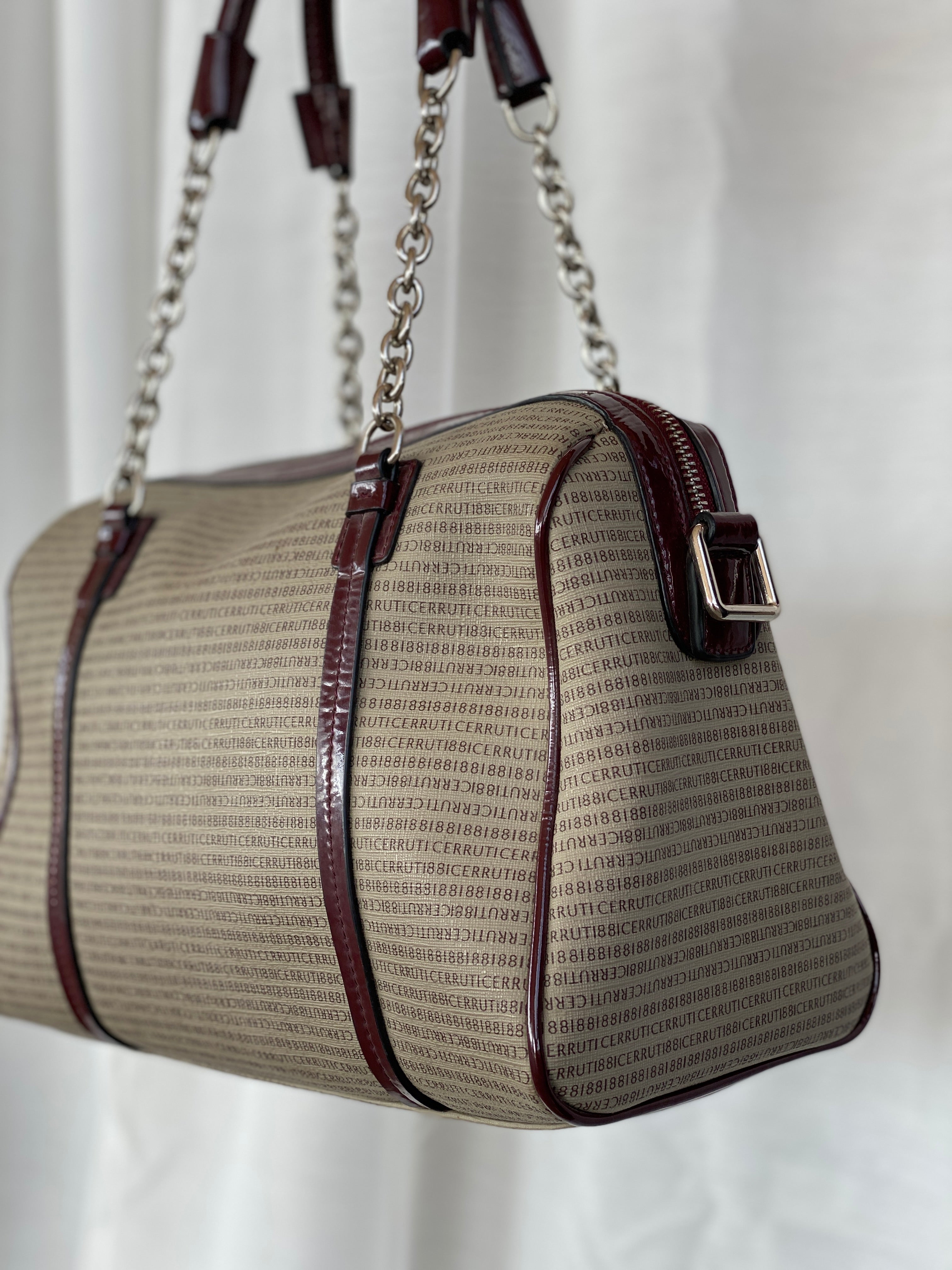 Cerruti 1881 Signature Canvas Coated Canvas and Patent Burgundy Leather Boston Bag