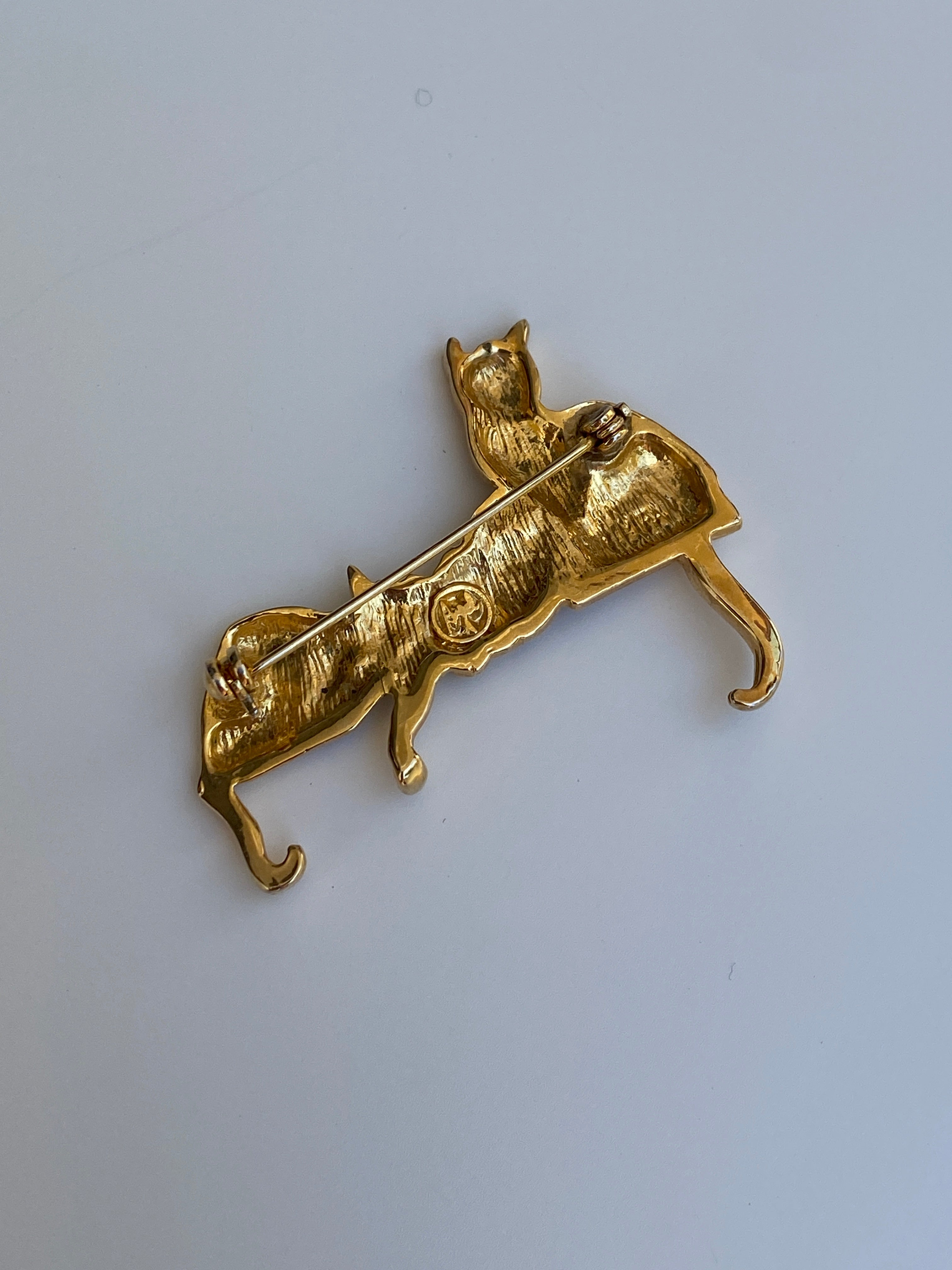 Vintage Gold Tone Cat Family Brooch Three Cats on Bench Statement Pin