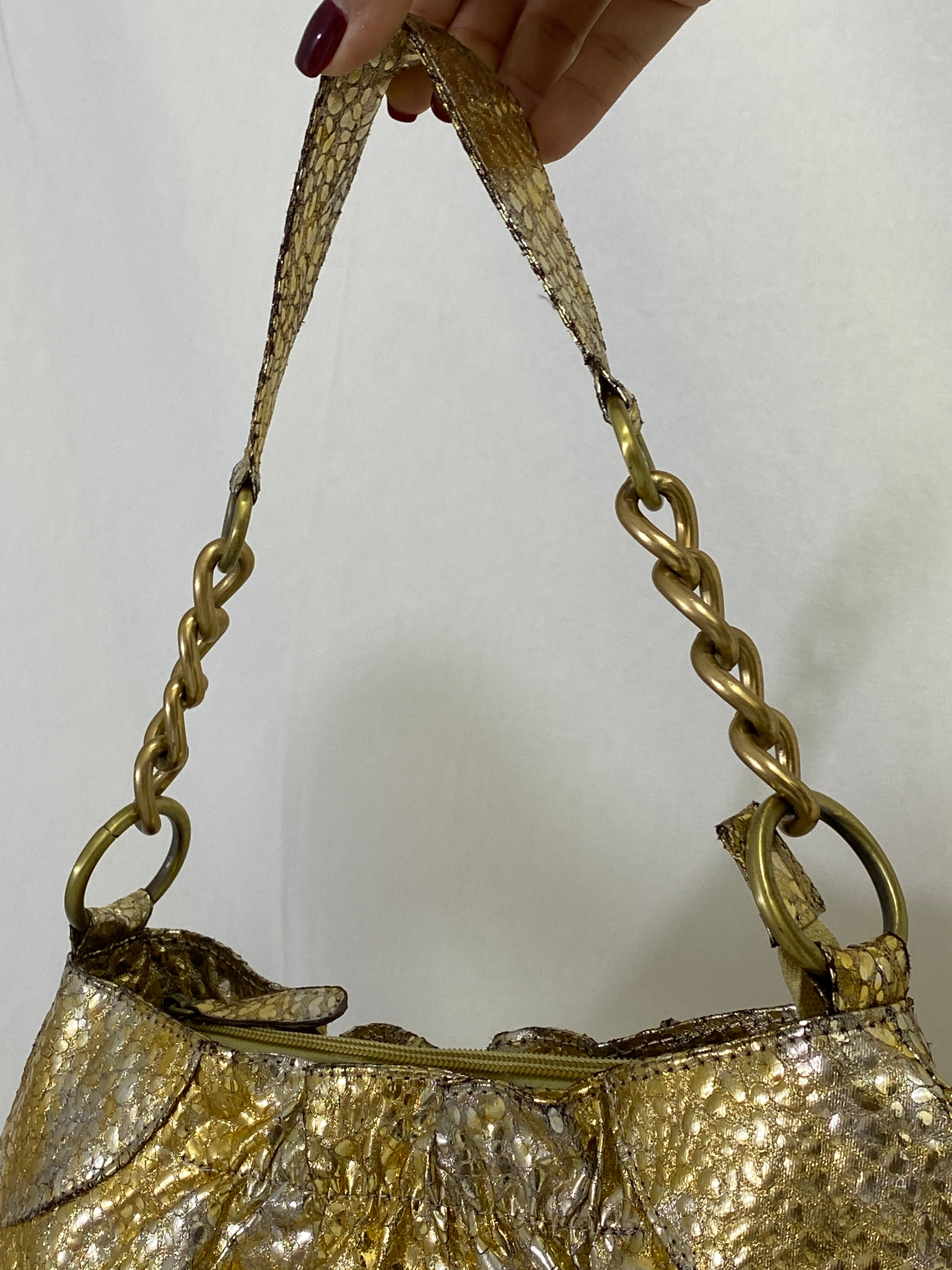 Vintage Gold & Silver Purse Metallic Faux Leather Shoulder Bag with Chain Strap