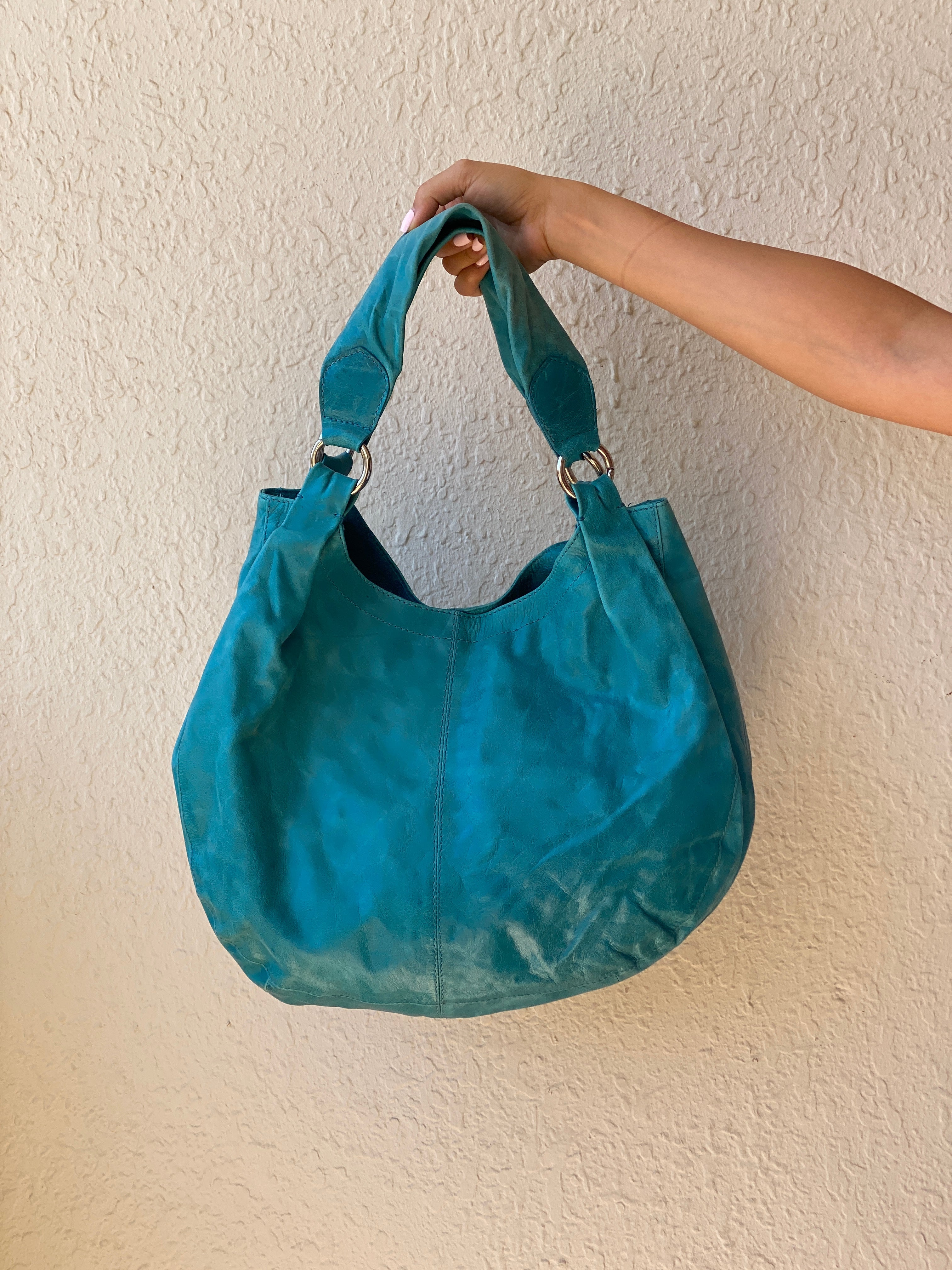 Vintage Y2K Bejin Korf Turquoise Genuine Leather Slouchy Hobo Shoulder Bag