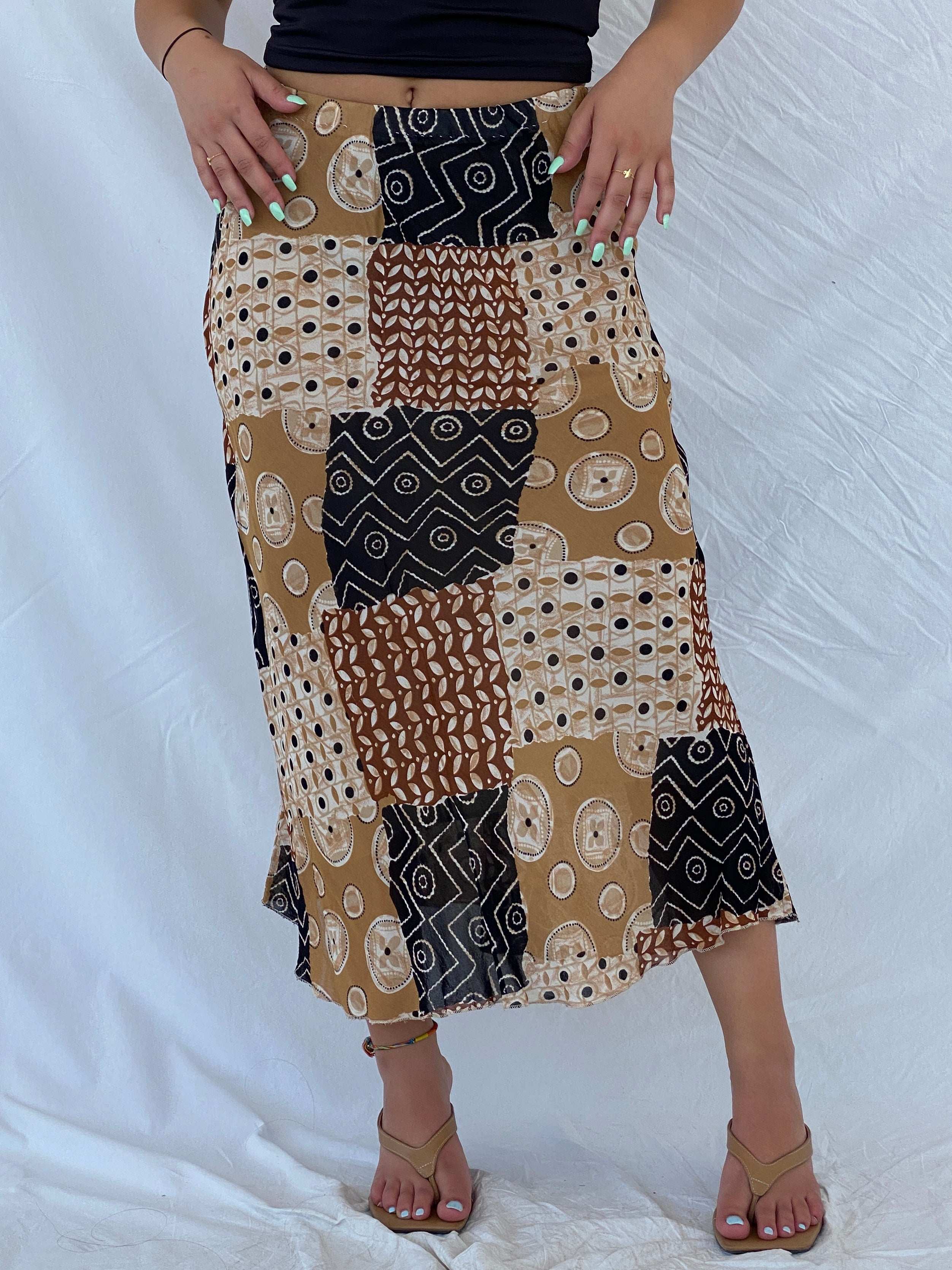 Vintage Handmade Patchwork Boho Brown Midi Elastic Waist Skirt - M - Balagan Vintage Midi Skirt 00s, Boho, floral, floral print, Lana, midi skirt, NEW IN, patchwork, summer