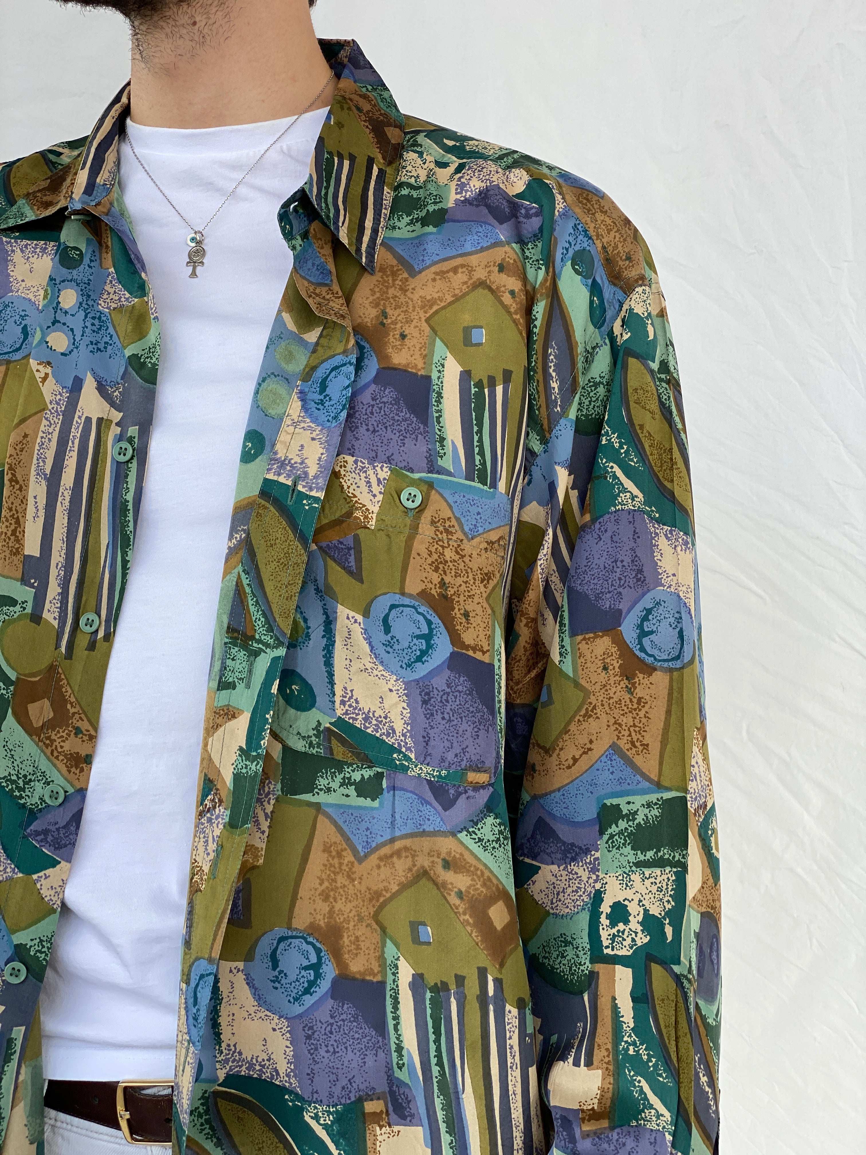 Vintage GALANT Green Printed Silk Full Sleeve Shirt - XL - Balagan Vintage Full Sleeve Shirt 90s, Awsam, NEW IN, printed silk shirt, silk, silk shirt