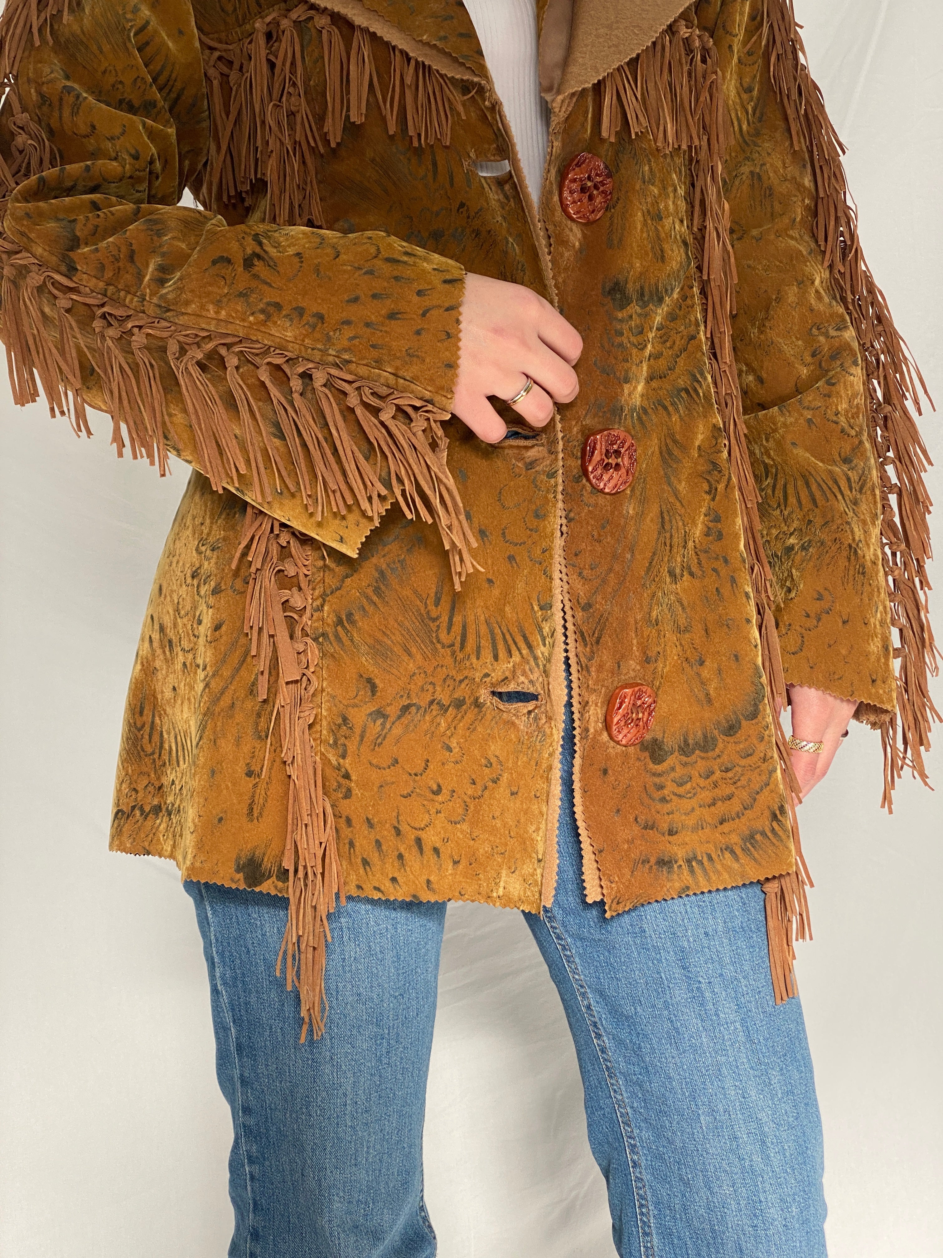 Vintage Dance Girl Fashion Western Fringe Faux Suede Jacket Boho Cowboy Statement Coat - XL