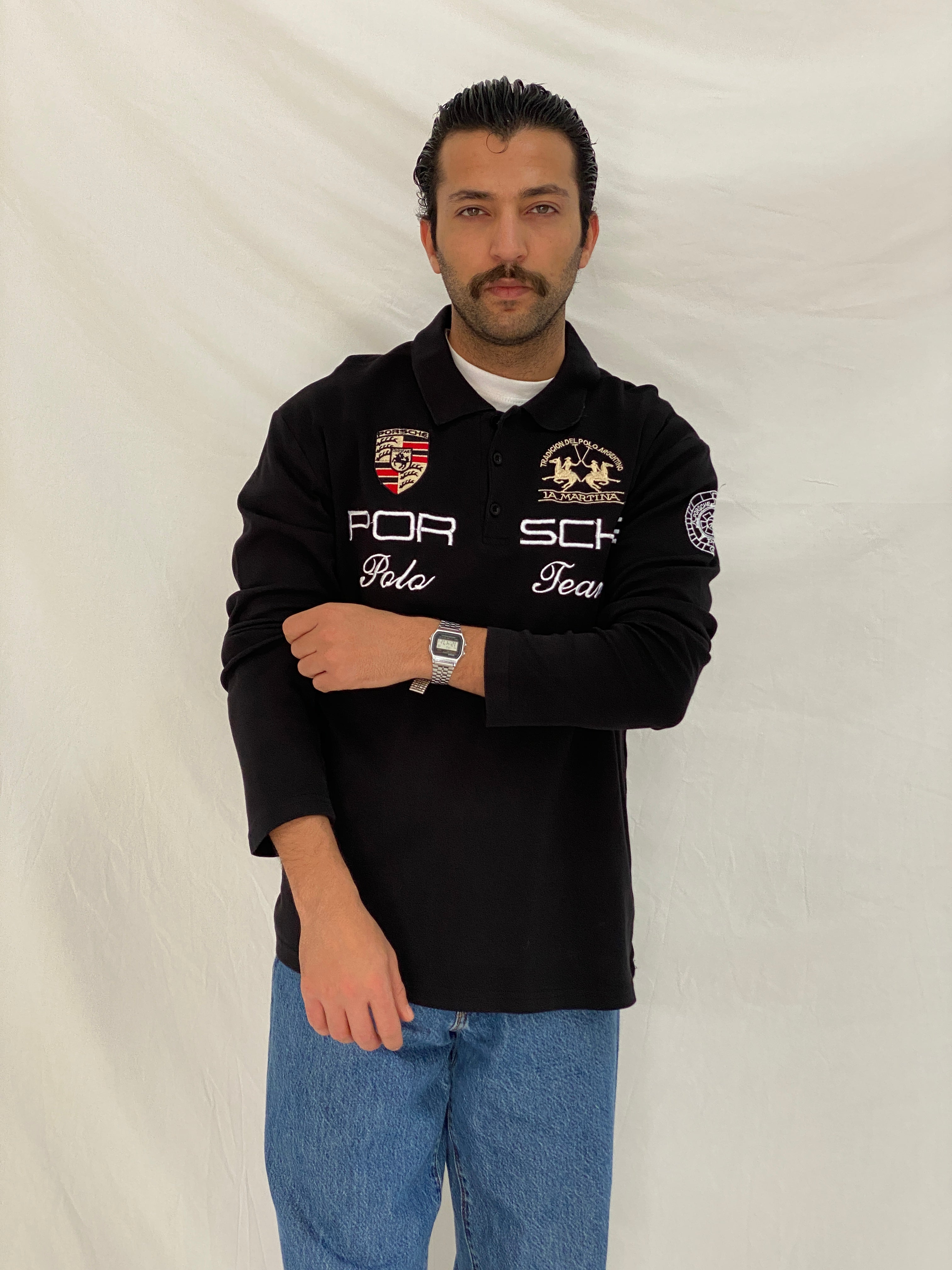 Vintage La Martina Porsche Team Rugby Top Polo Black Racing Shirt - L