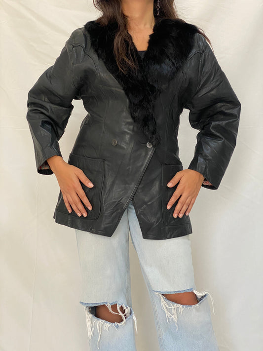 Vintage Patricia Italian Leather Coat Black Fur Collar 80s Oversized Blazer Jacket - M