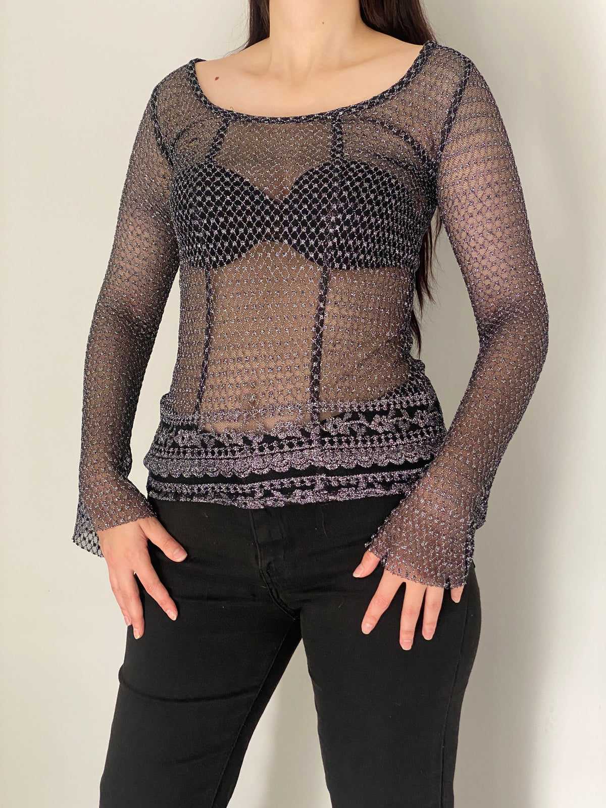 Vintage Y2K Black & Silver Metallic Crochet Mesh Sheer Grunge Top – S
