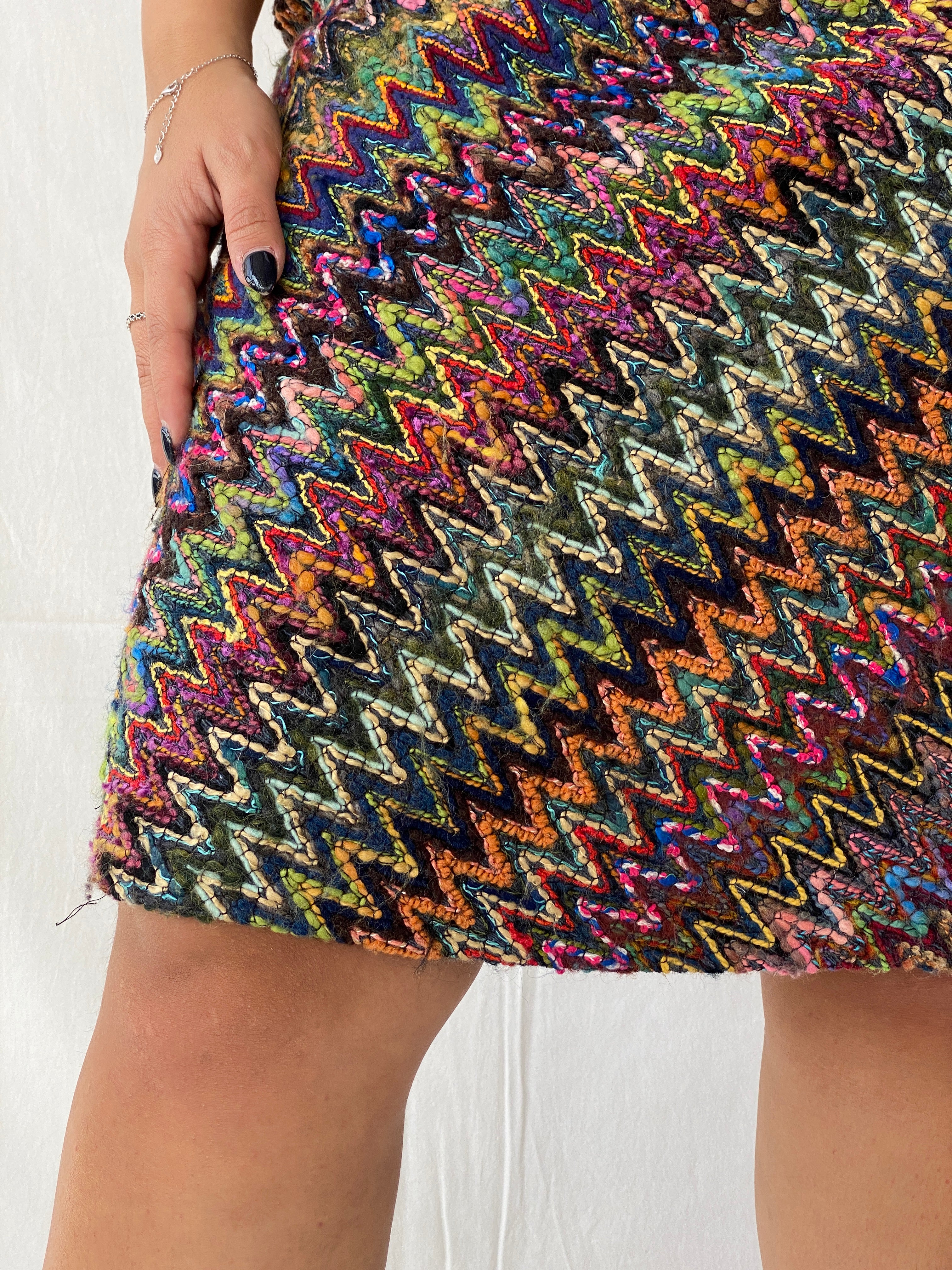 Vintage BLUMA Tweed ZigZag Multicolored Midi Skirt - M