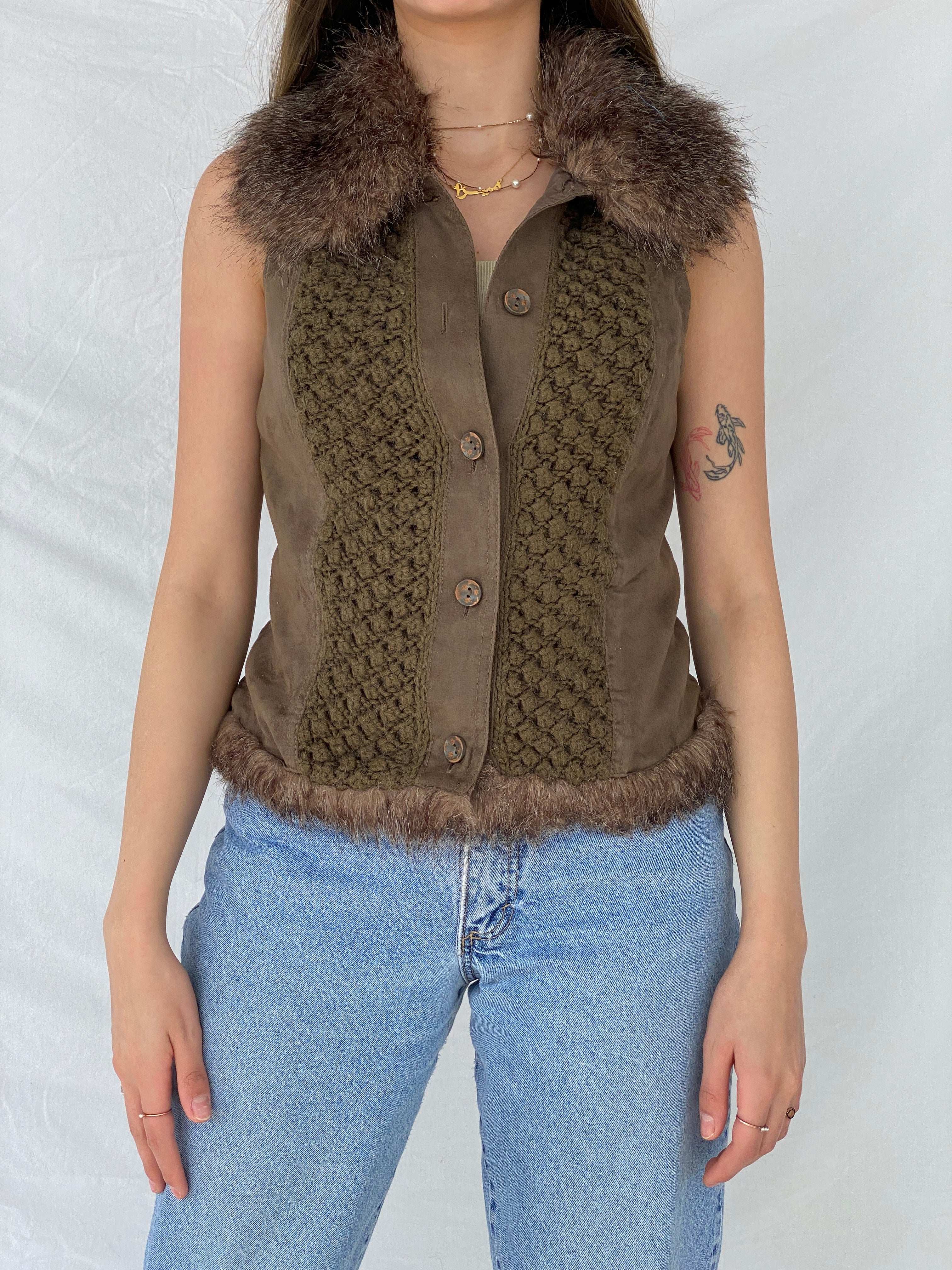 Gorgeous Y2K Suede and Knit Promod Button Up Vest - Balagan Vintage Vest 00s, knitted vest, Mira, NEW IN, vest
