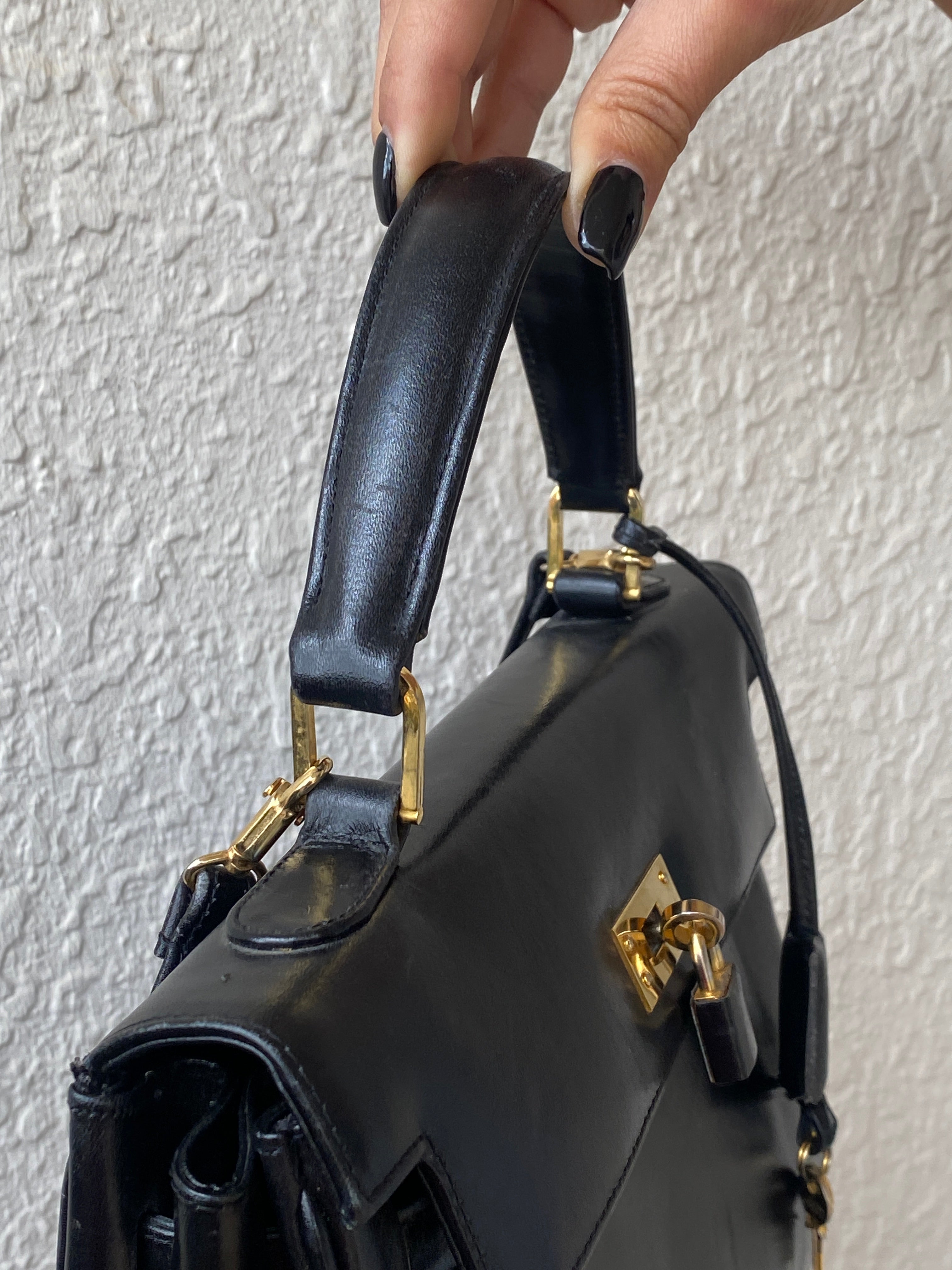 Vintage 1960s-1970s Susan Gail Structured Black Leather Kelly Bag Gold Turn Lock Top Handle