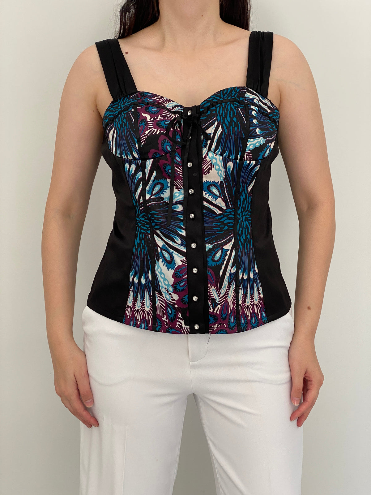 Y2K Three Pink Hearts Trixxi Black Paisley Button Front Corset Top – M