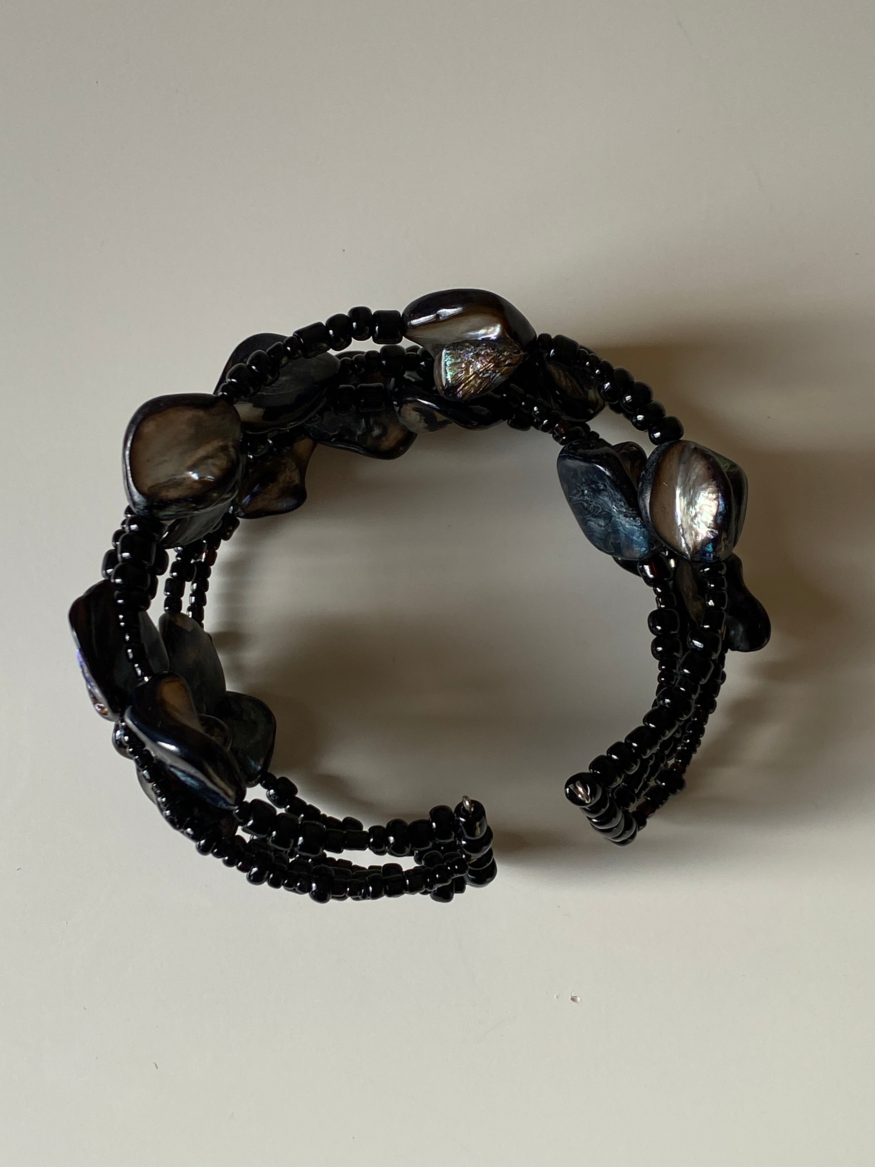 Vintage Y2K Black Beaded Wrap Bracelet with Shell Cabochon Stones Boho Statement Jewelry
