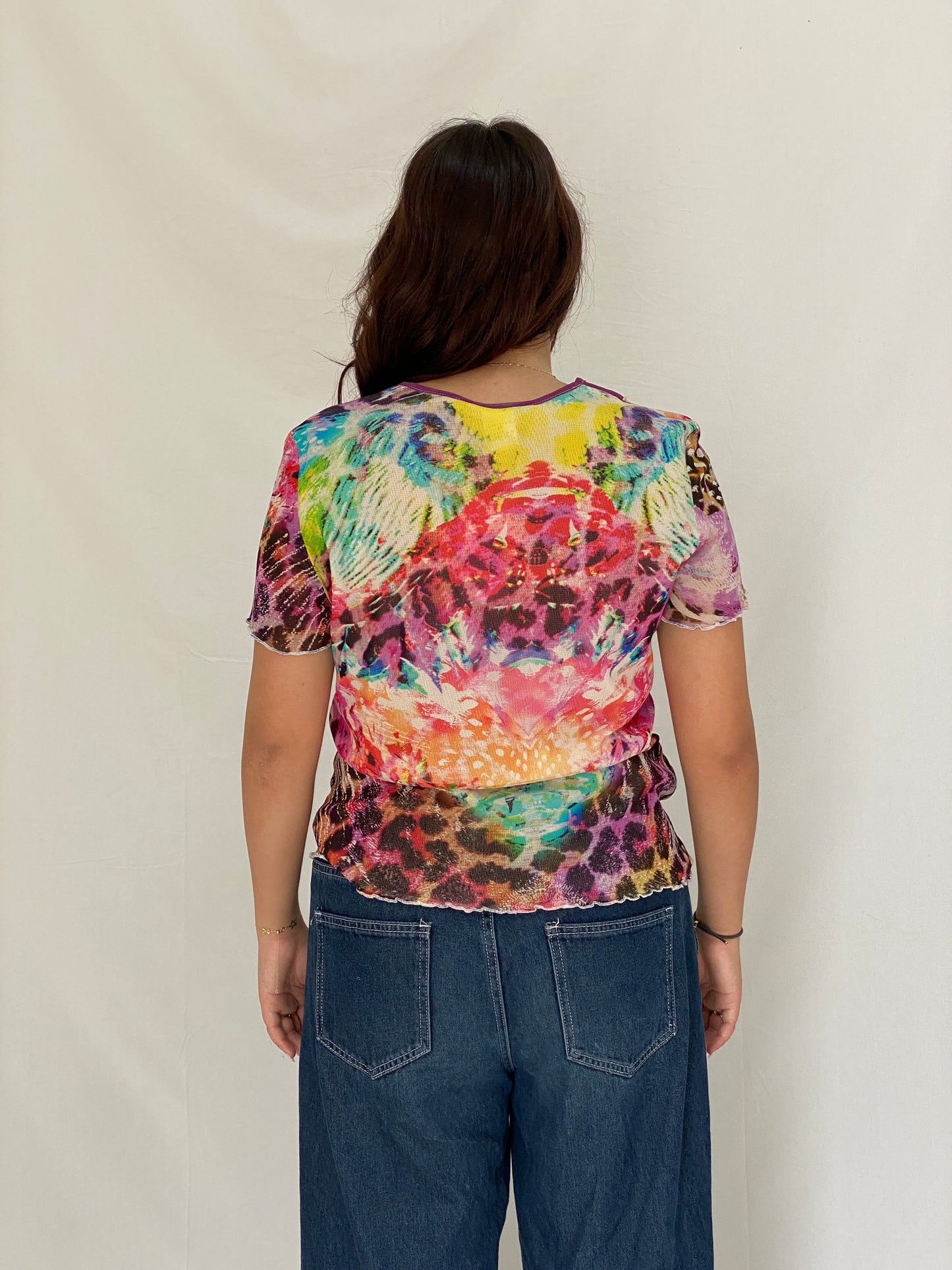 Vintage 90s Gevana Made in France Mesh Print Top Colorful Sheer Abstract Leopard Tee - L