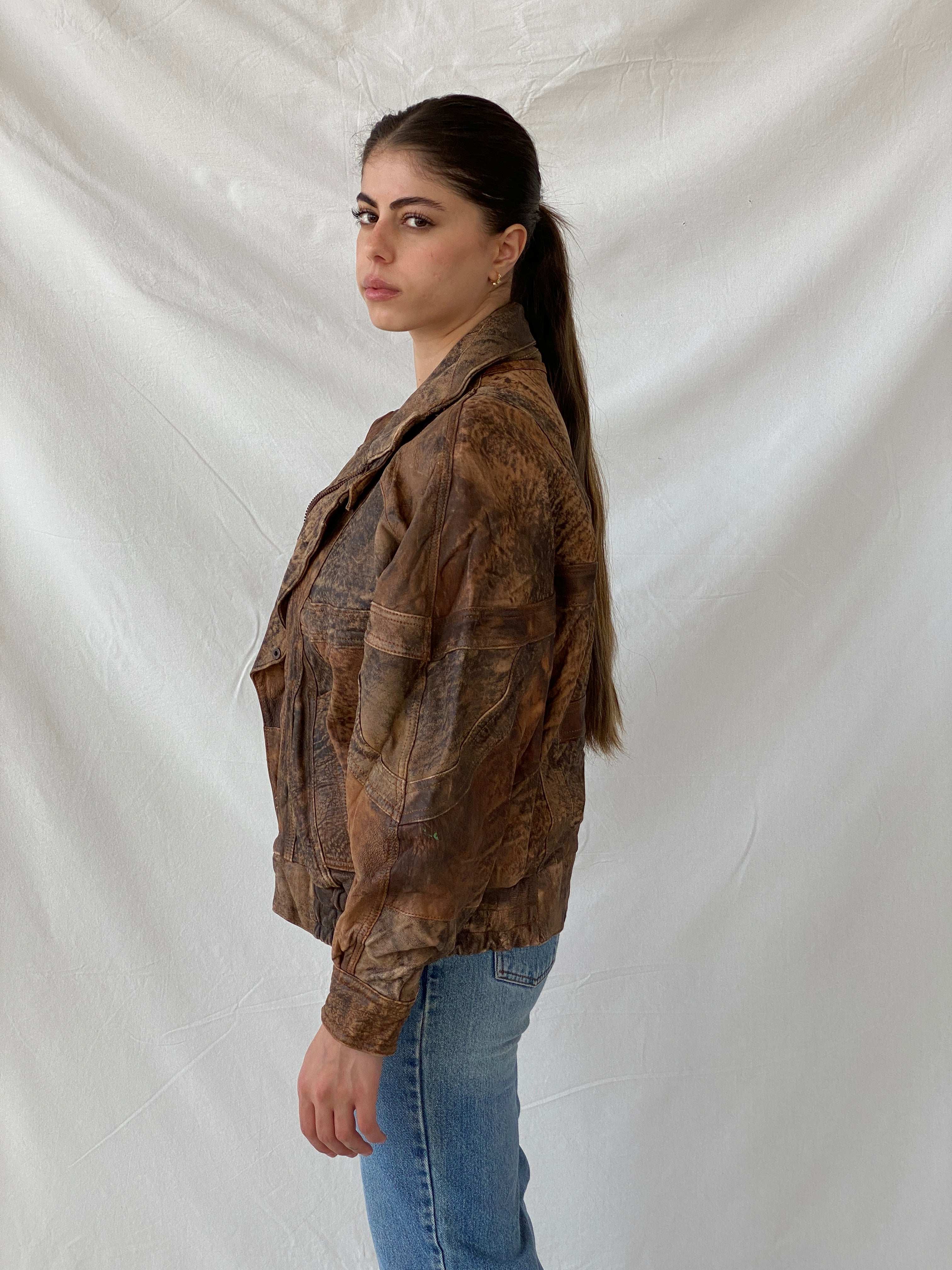 Statement Vintage 90s Distressed Brown Bomber Leather Jacket - L