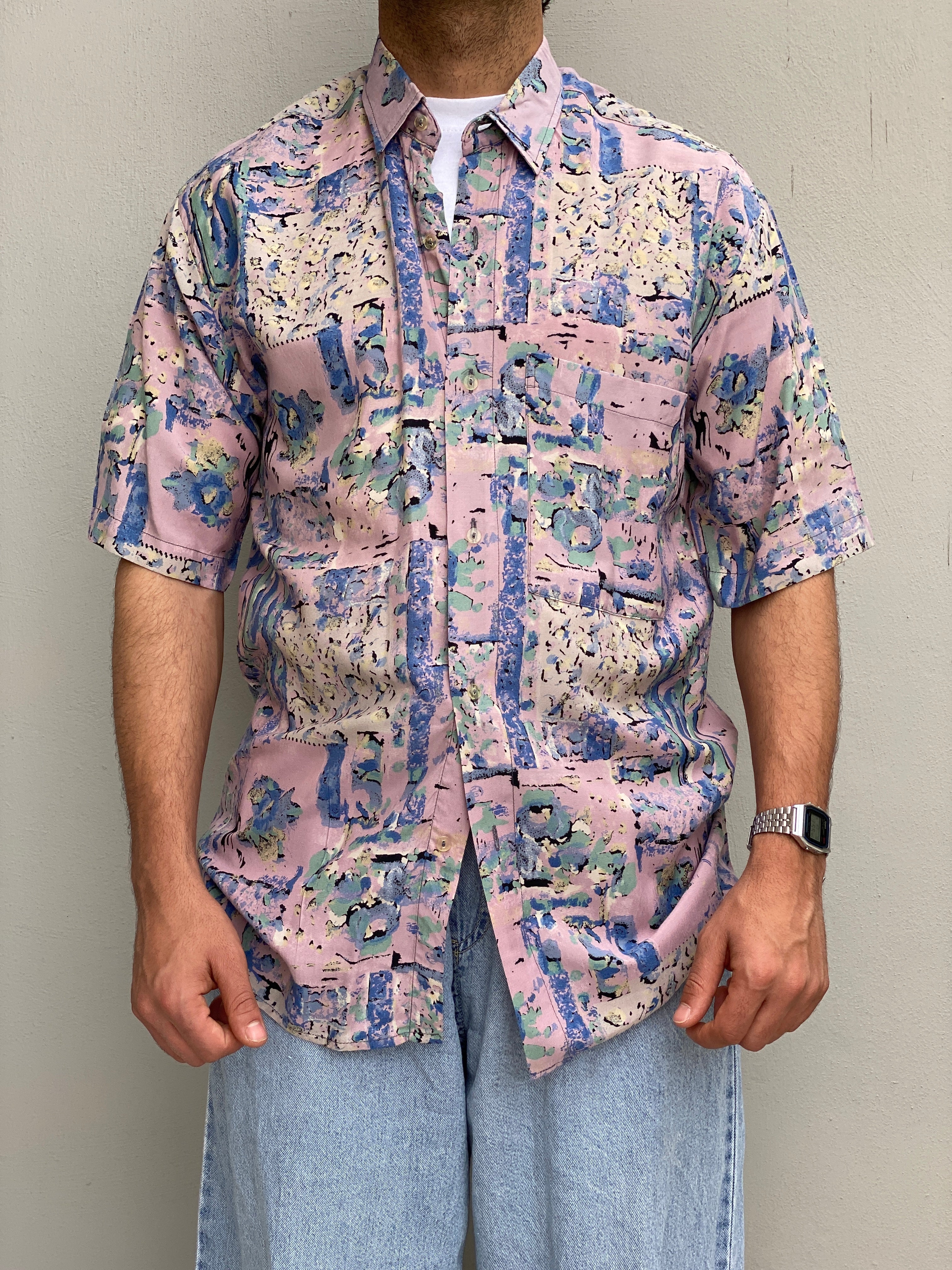 Vintage 90s Microfil Abstract Pastel Print Button-Up Shirt - M