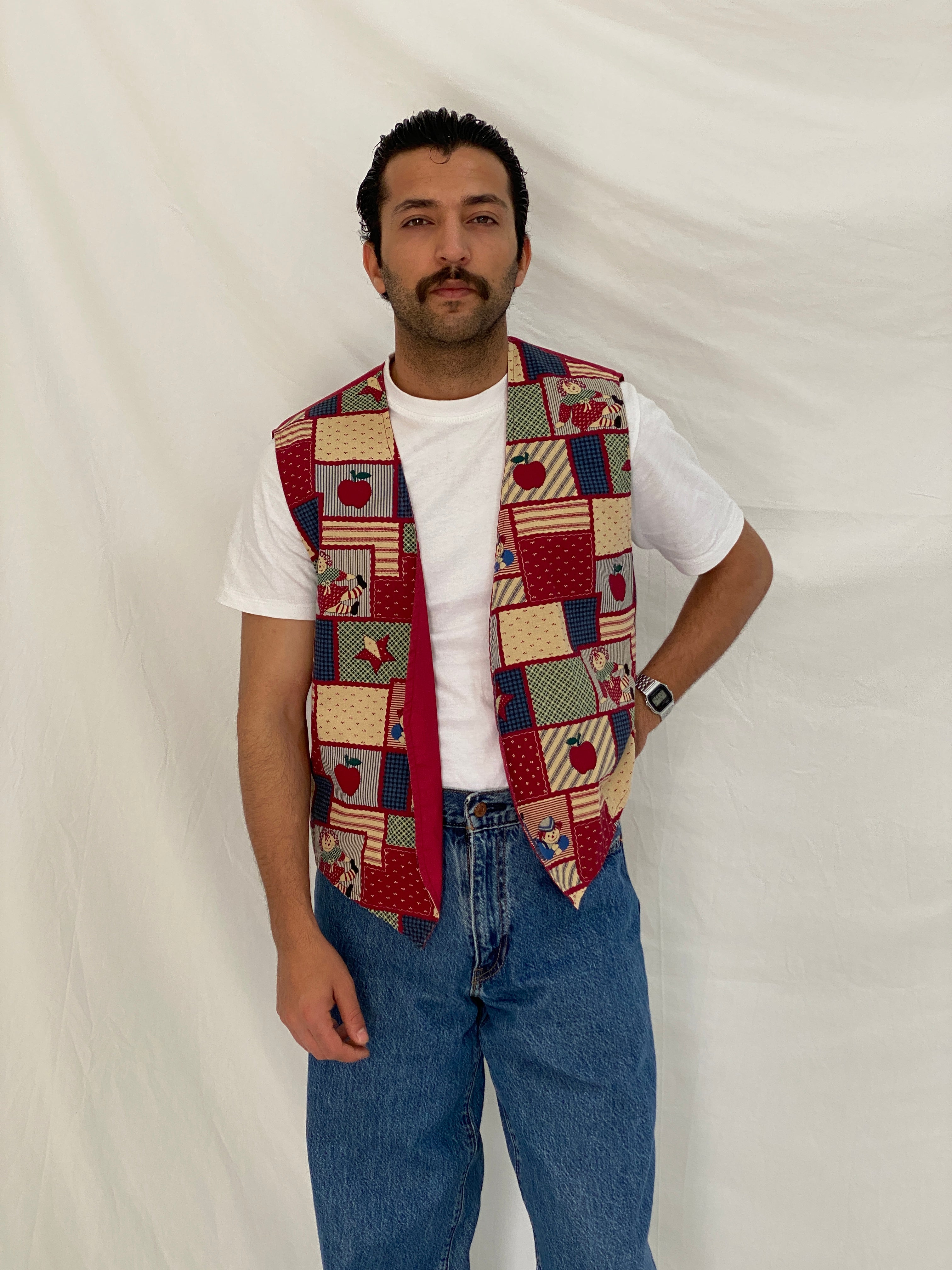 Vintage Handmade Patchwork Novelty Vest Red Folk Cotton Waistcoat – L