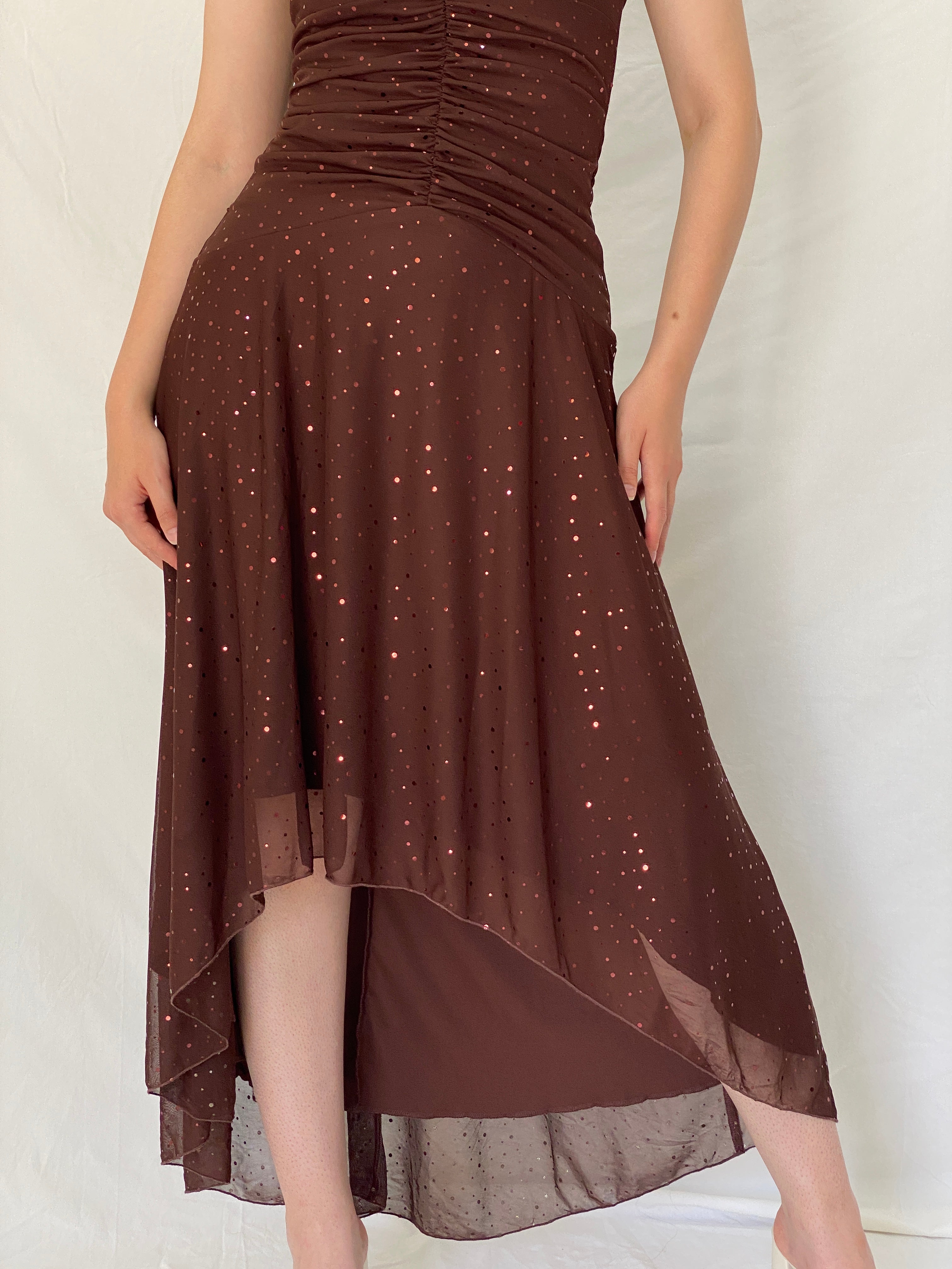 Vintage Y2K City Triangles Chocolate Brown Sequin Ruched Halter High-Low Maxi Dress - M