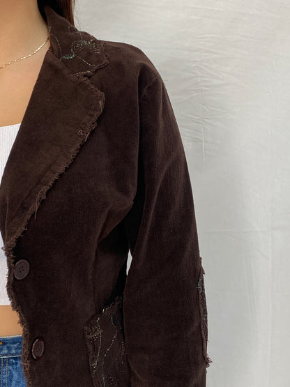 Vintage Y2K Italian Corduroy Blazer  Chocolate Distressed Raw Edge Embroidered Jacket - S