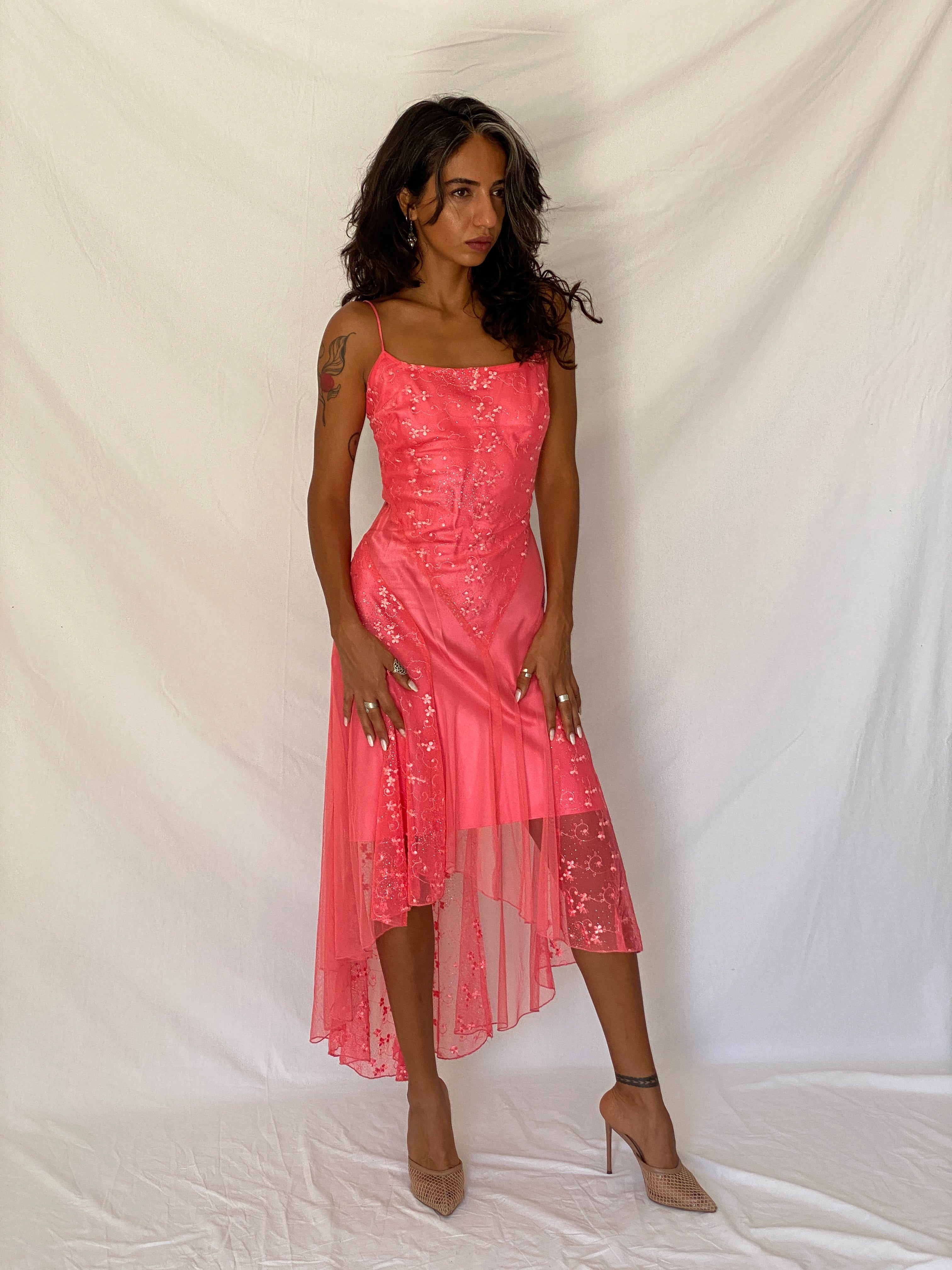 Vintage Y2K Eureka USA Hot Pink Embroidered Glitter Mesh High-Low Dress - XS