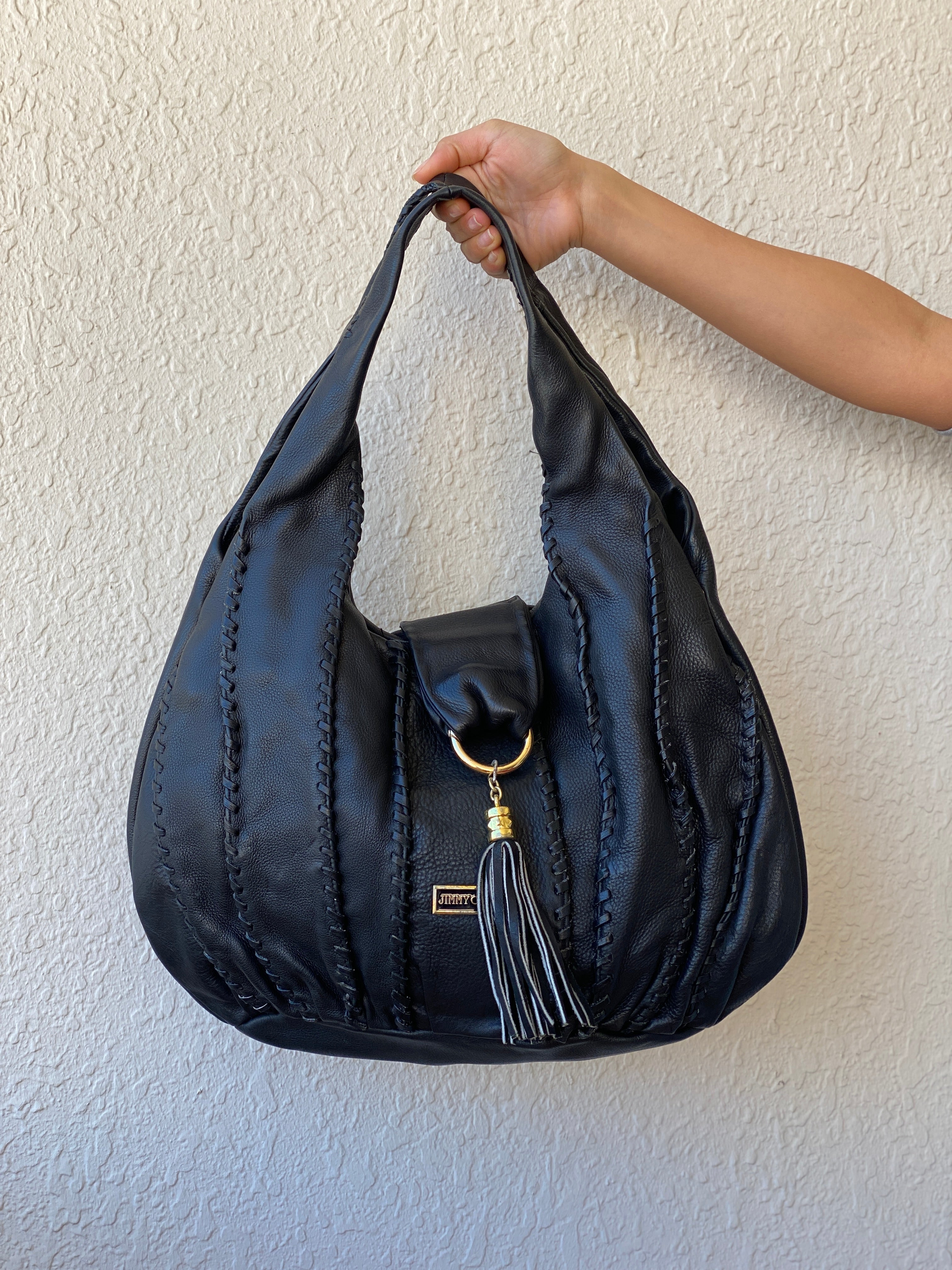 Jimmy Choo Textured Leather Large Hobo Black Shoulder Bag