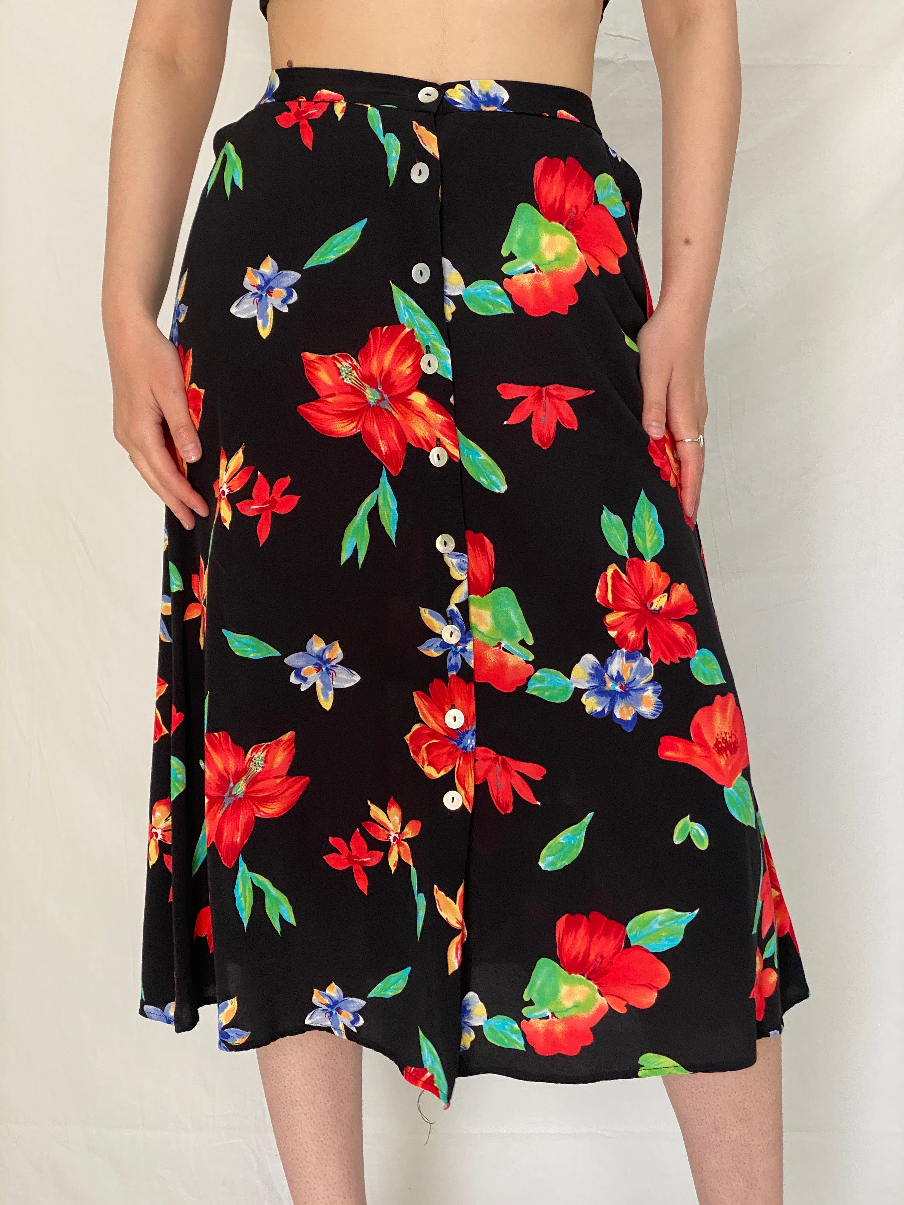 90s Worthington Black Floral Rayon Button Front A-Line Midi Skirt - S