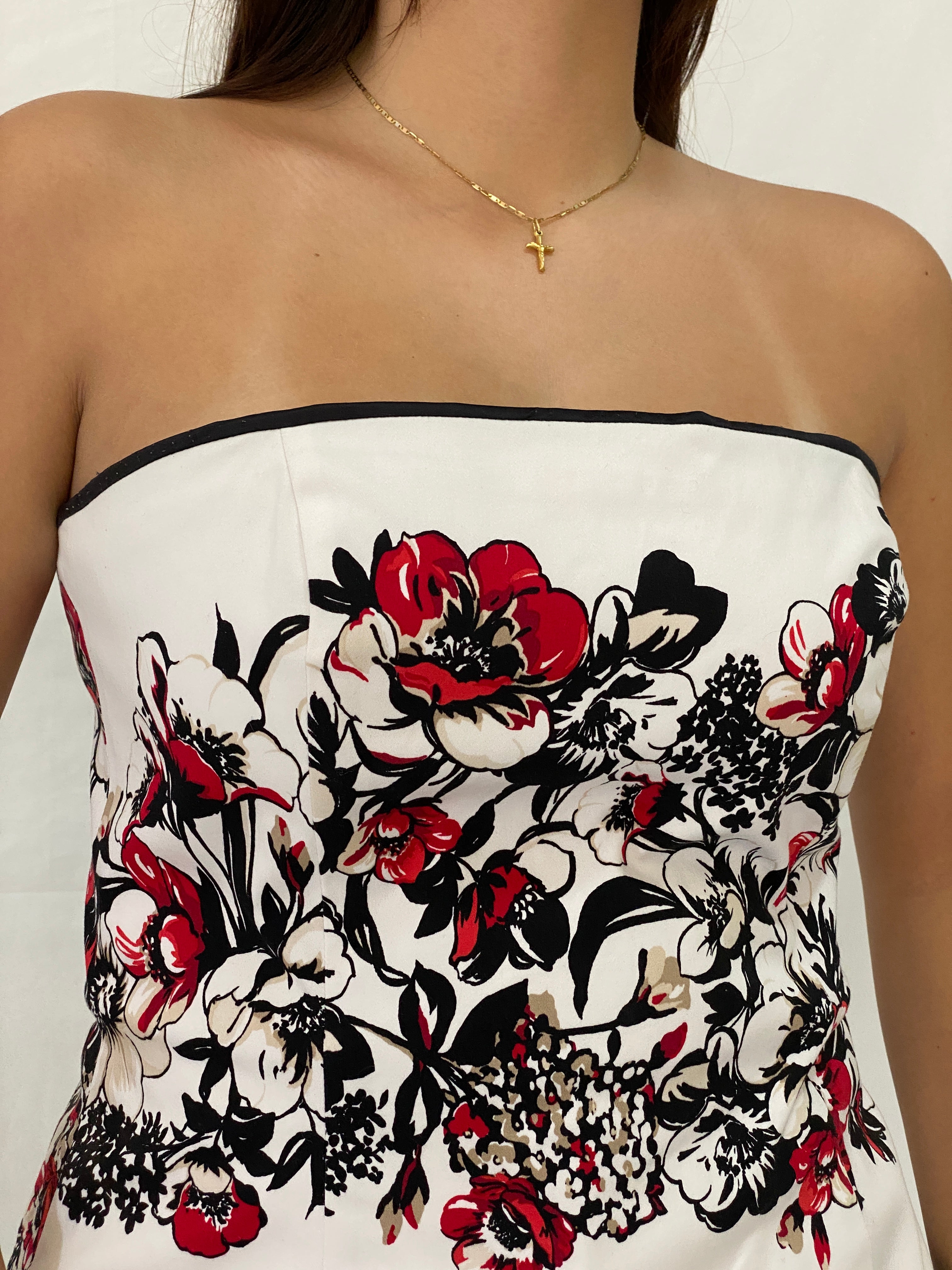 Y2K White House Black Market Floral Corset Strapless White Red Black Top - L