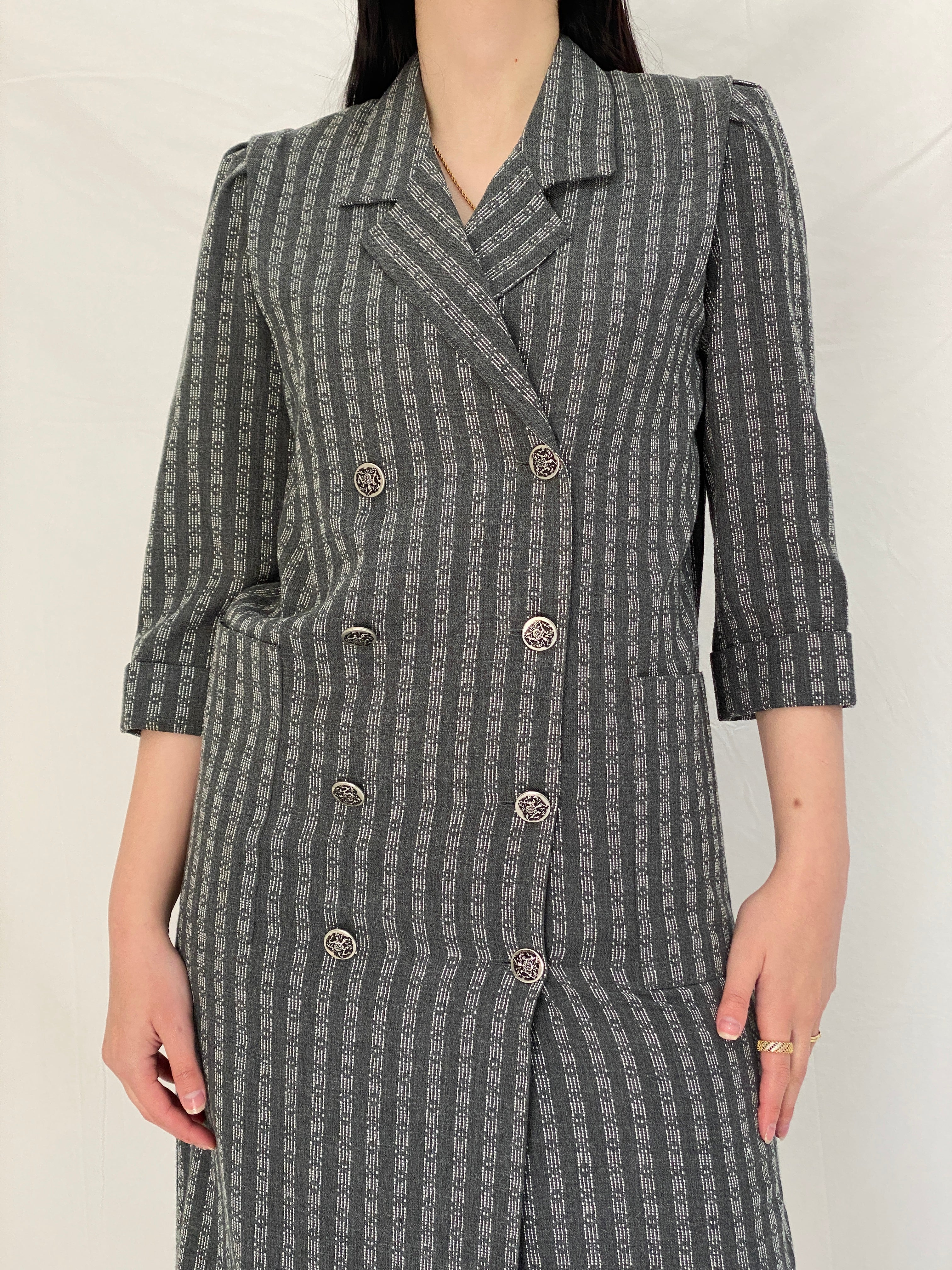 Vintage Leslie Fay Petites Gray Textured Double Breasted Blazer Dress - S