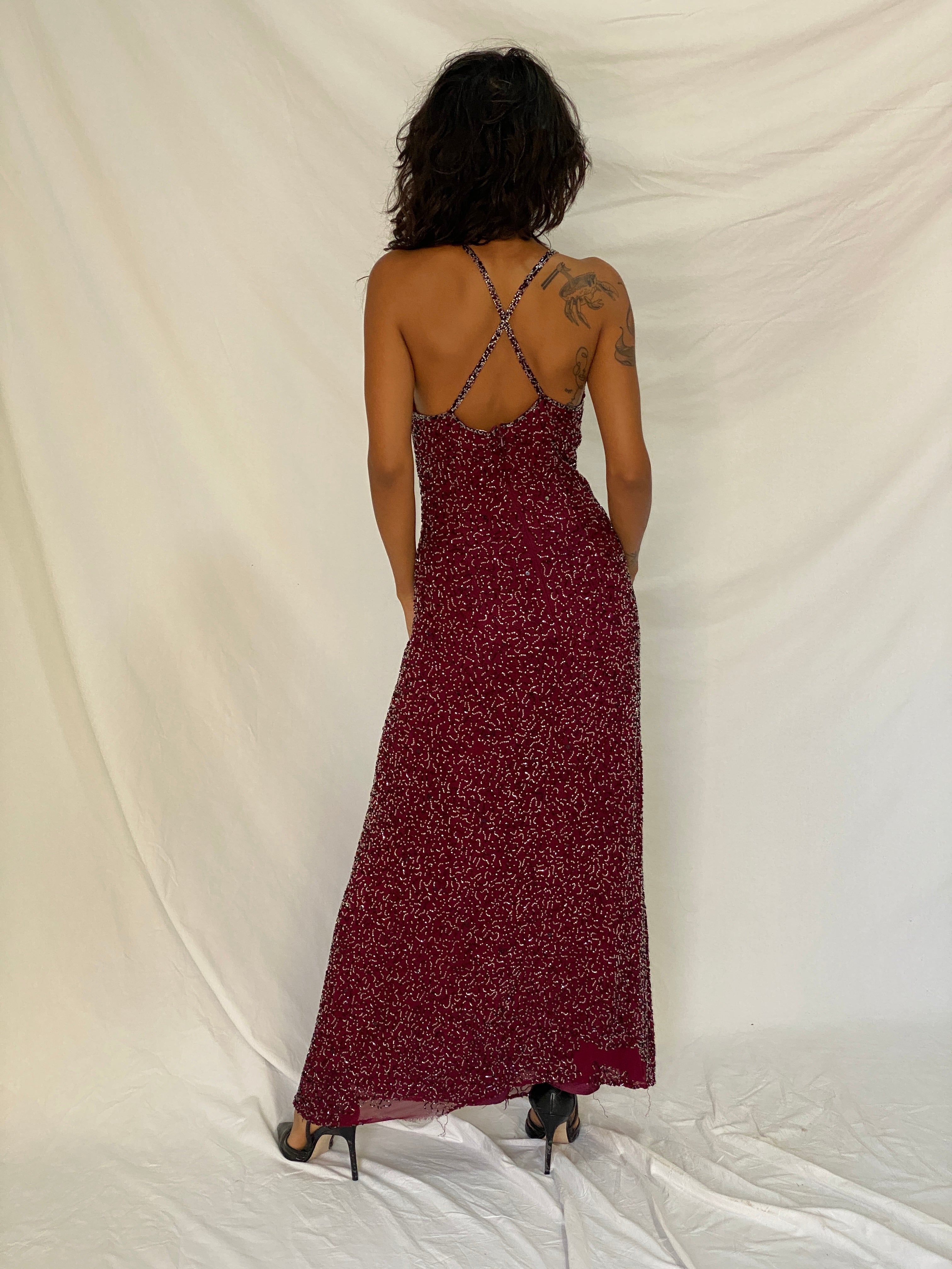 Vintage Romy Scala Burgundy 100% Silk Beaded Cross-Back Maxi Dress – M