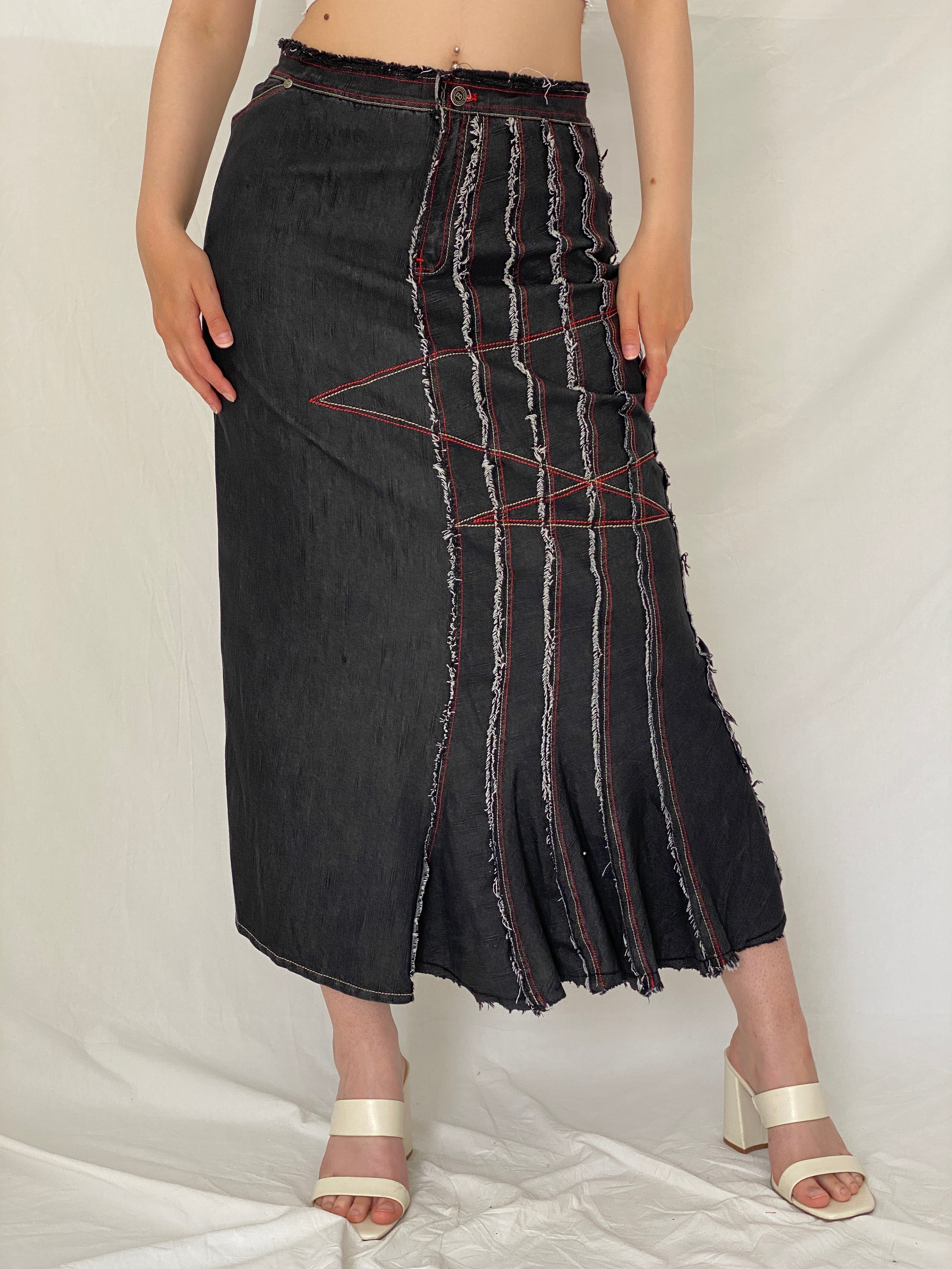 Vintage Y2K Georges Barhel Black Denim Patchwork Maxi Skirt - L