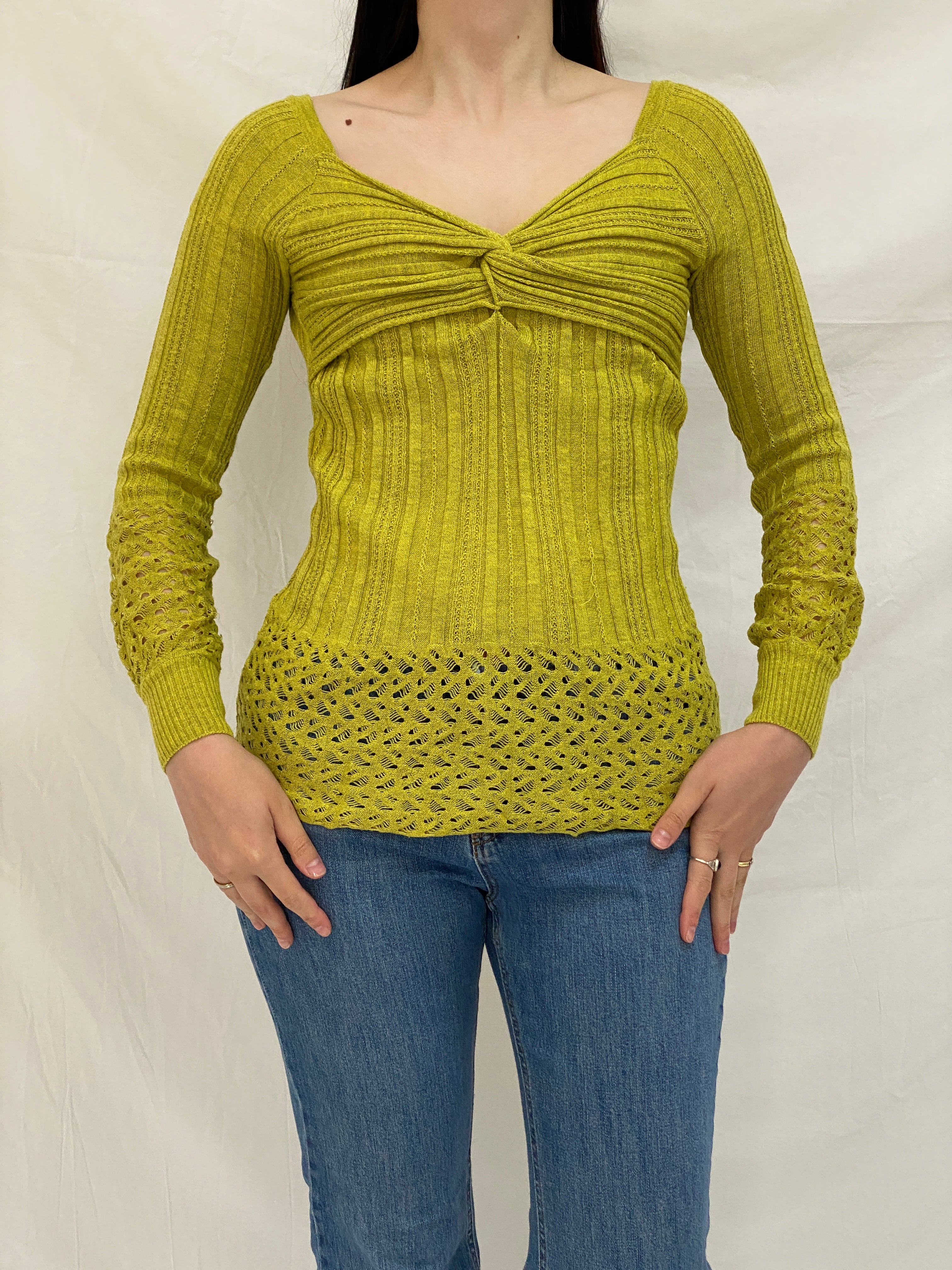 Vintage Y2K Chartreuse Ribbed Knit Twist Front Open Knit Detail Long Sleeve Top - S