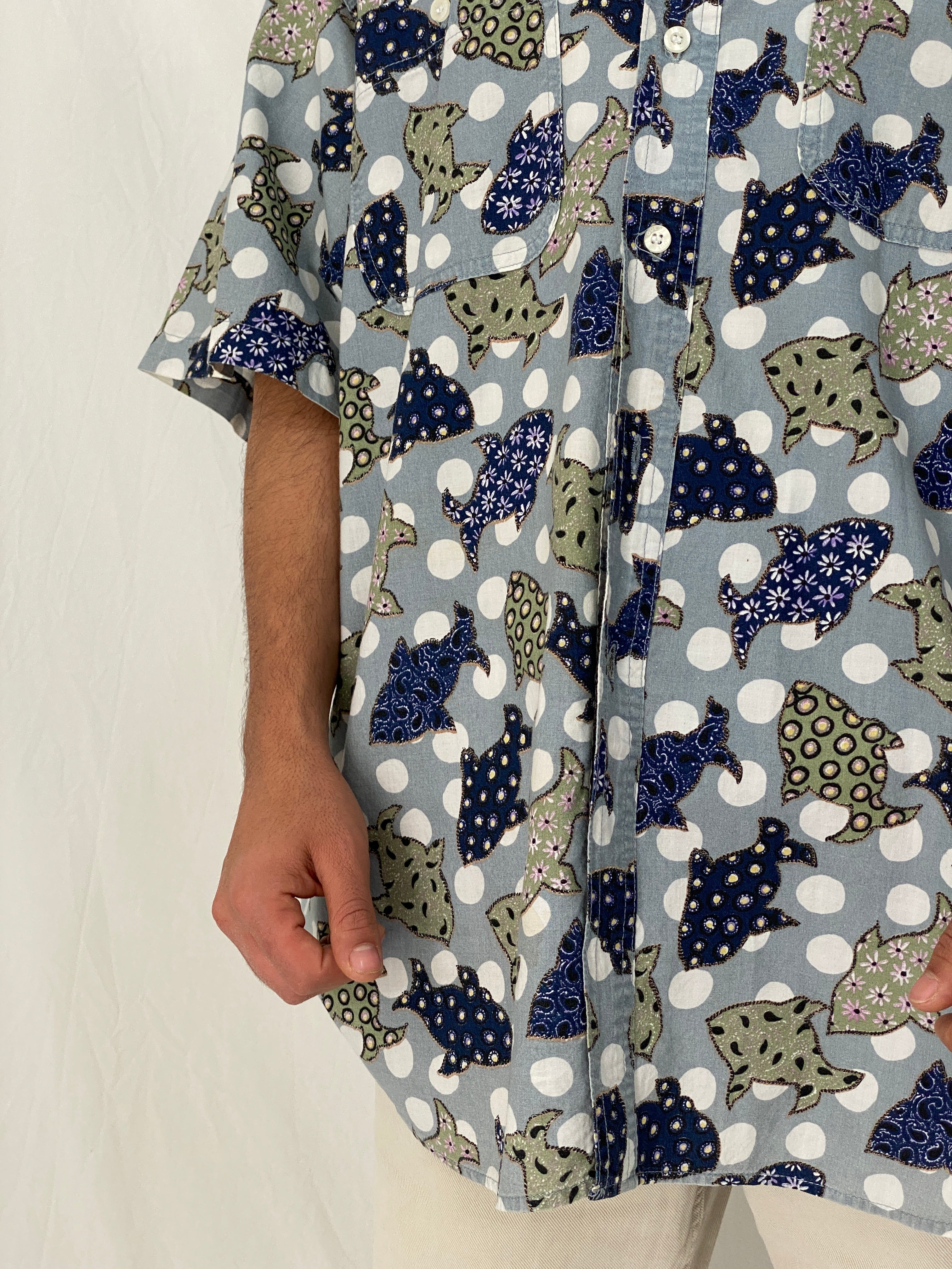 Vintage Guess Abstract Polka Dot Fish Print Blue Cotton Shirt – XL