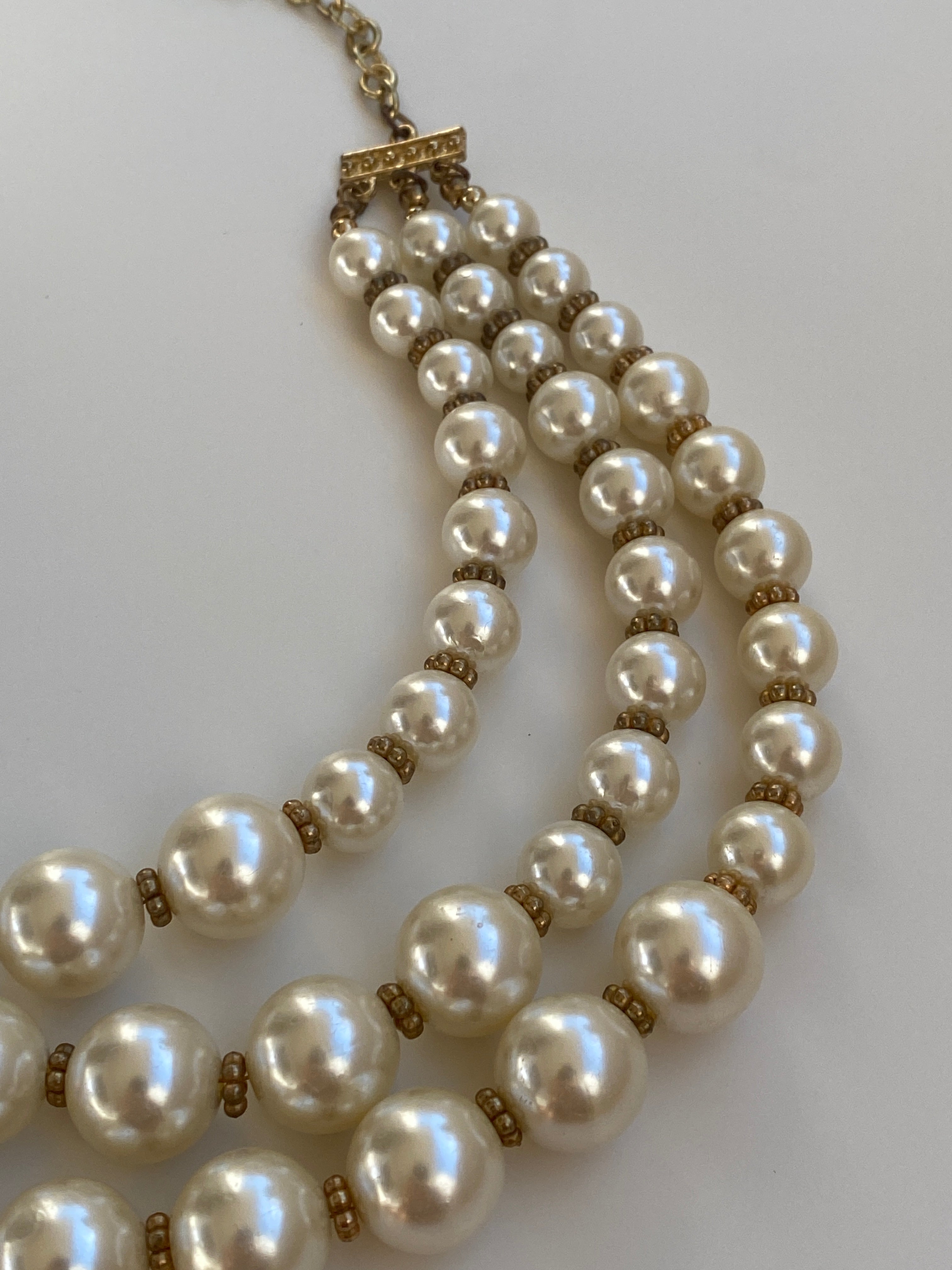 Vintage Y2K Ivory Faux Pearl Gold-Tone Triple Strand Necklace