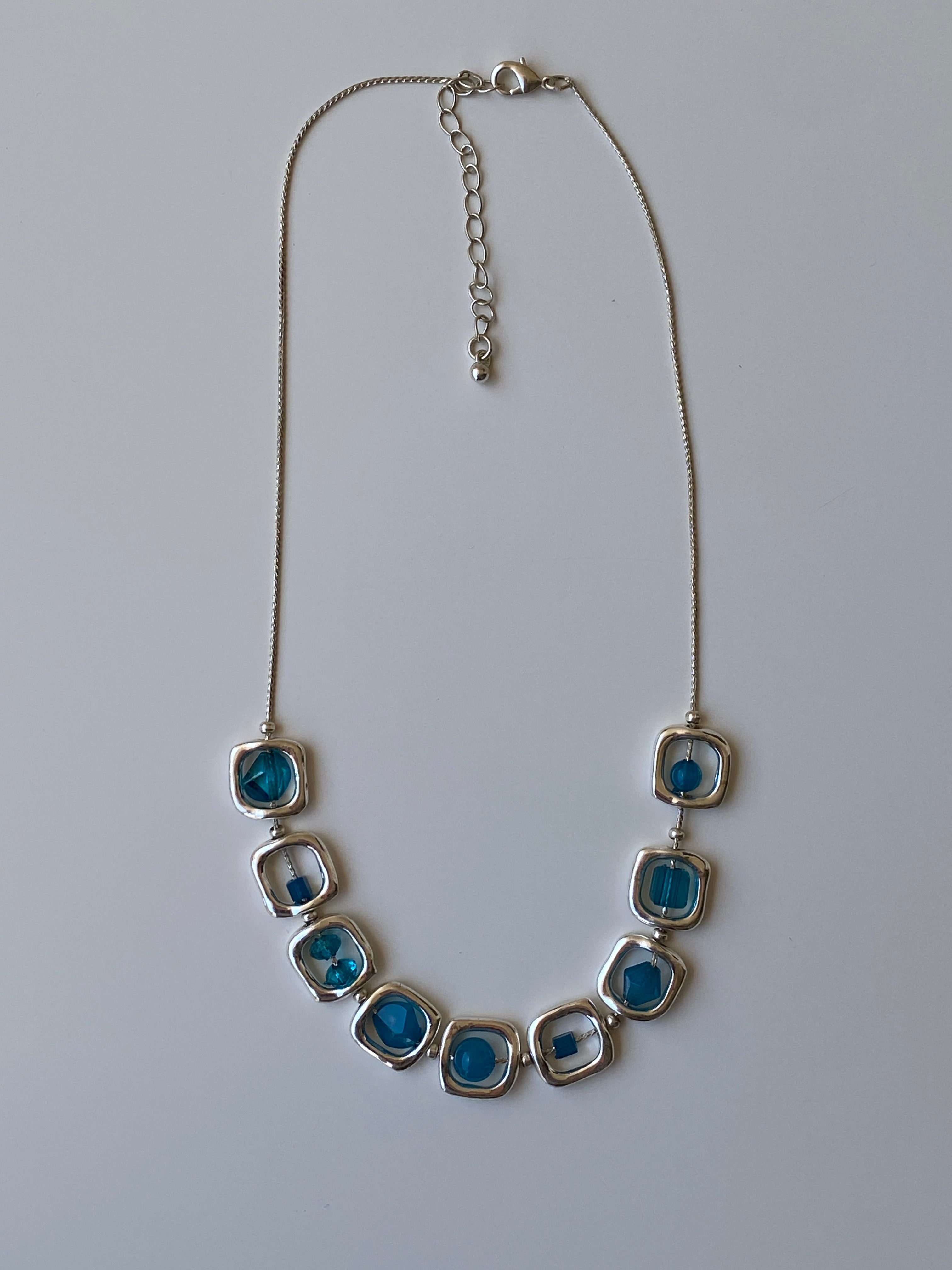 Y2K Blue Crystal Bead Framed Square Link Silver Necklace