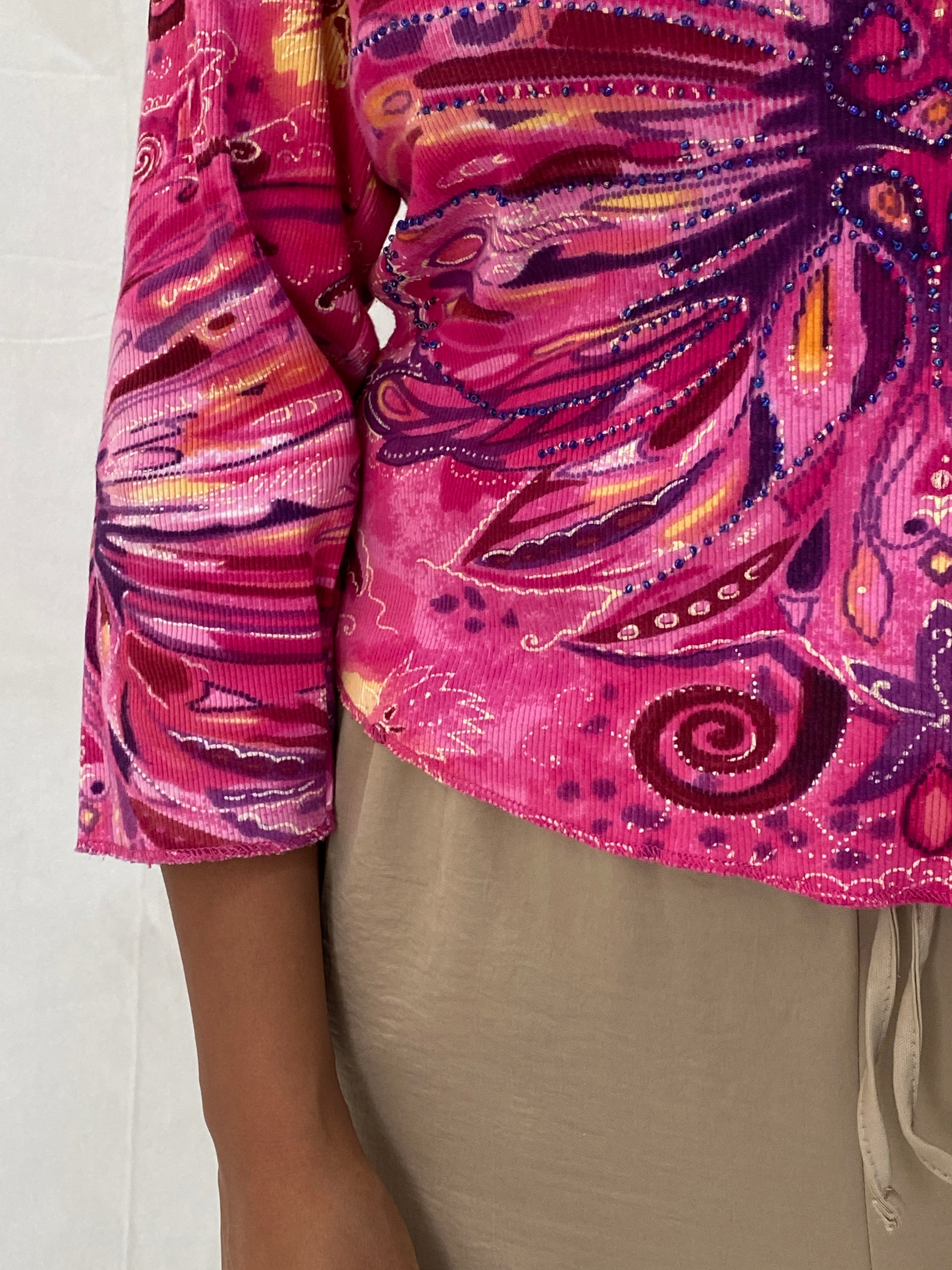 Vintage Y2K Phool Beaded Graphic Top Pink Psychedelic Butterfly Print Long Sleeve Tee - L