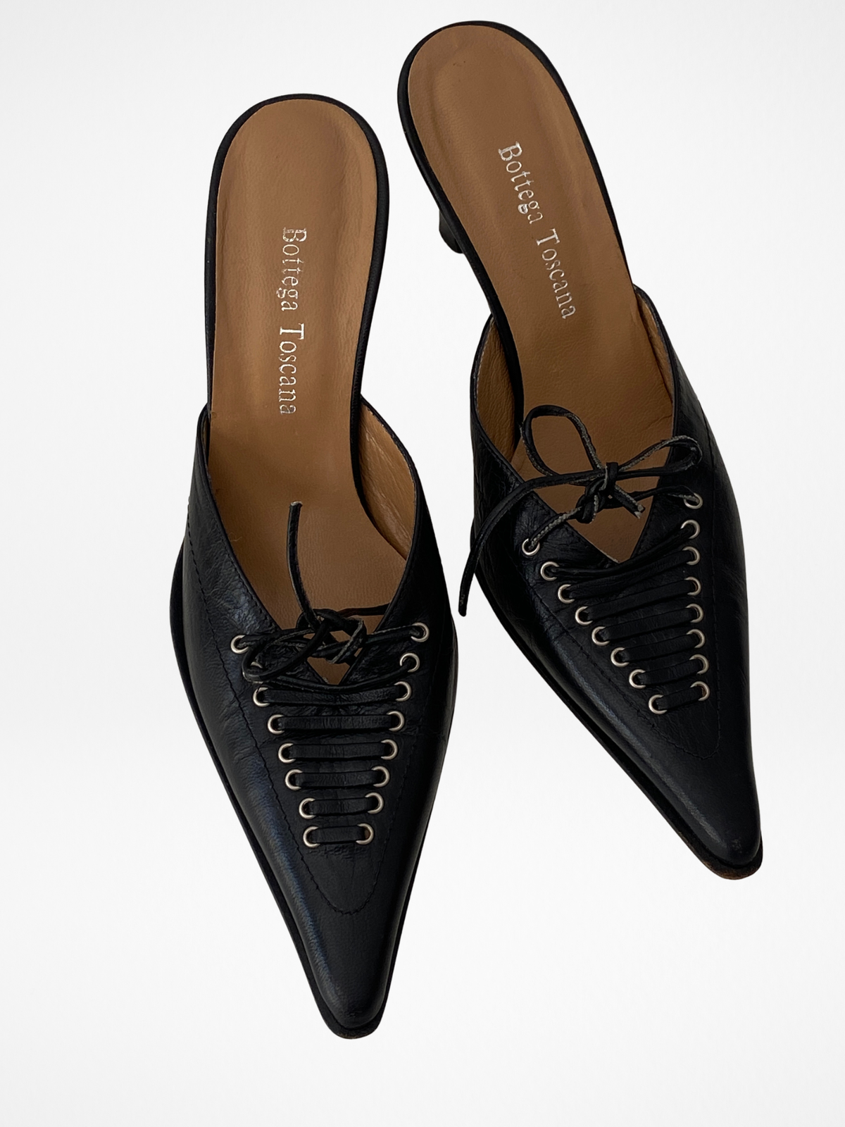 Vintage Bottega Toscana Black Leather Lace-Up Pointed Mule Pumps – 38 EU