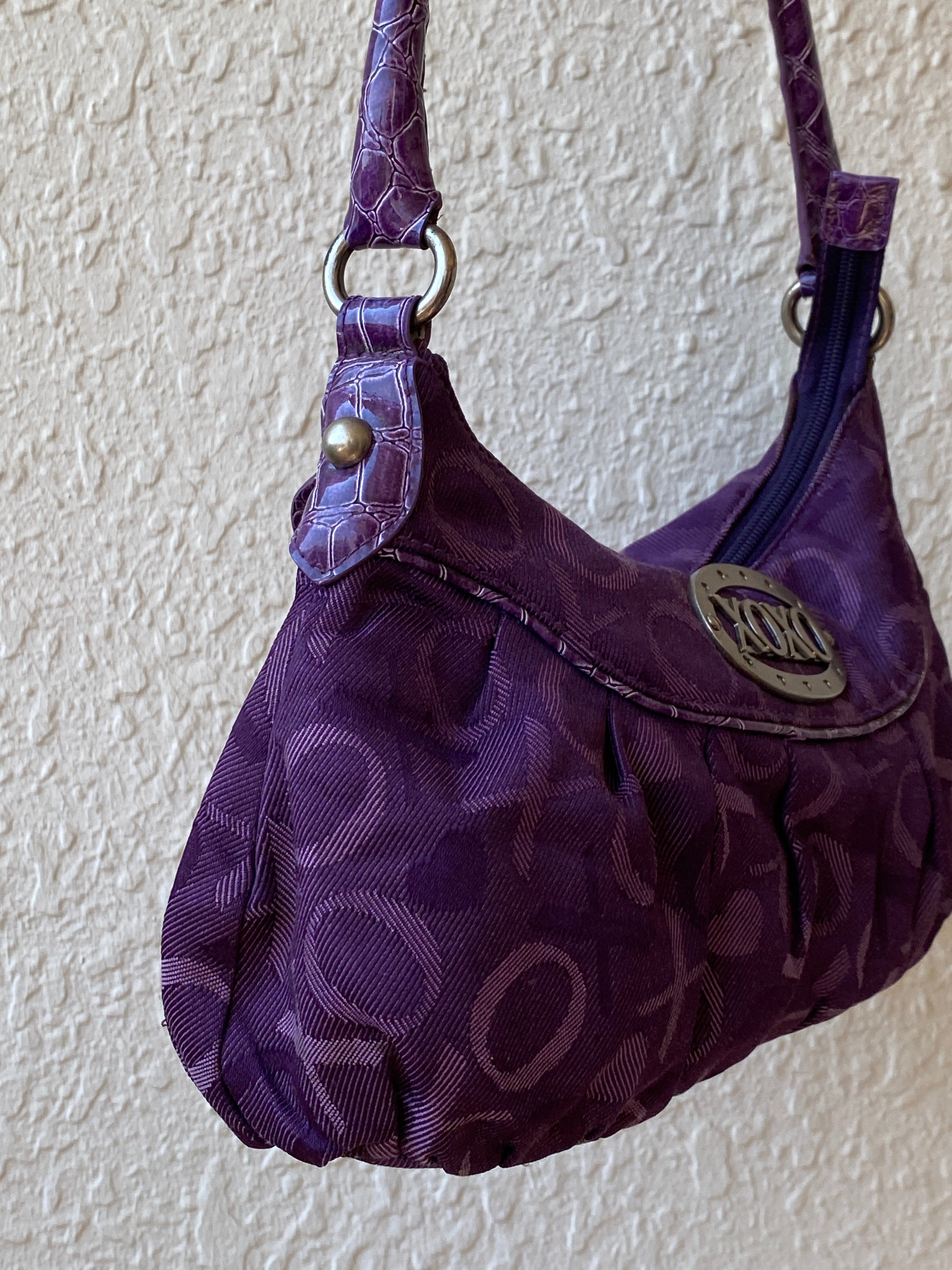 Y2K XOXO Purple Monogram Hobo Bag with Croc-Embossed Handle