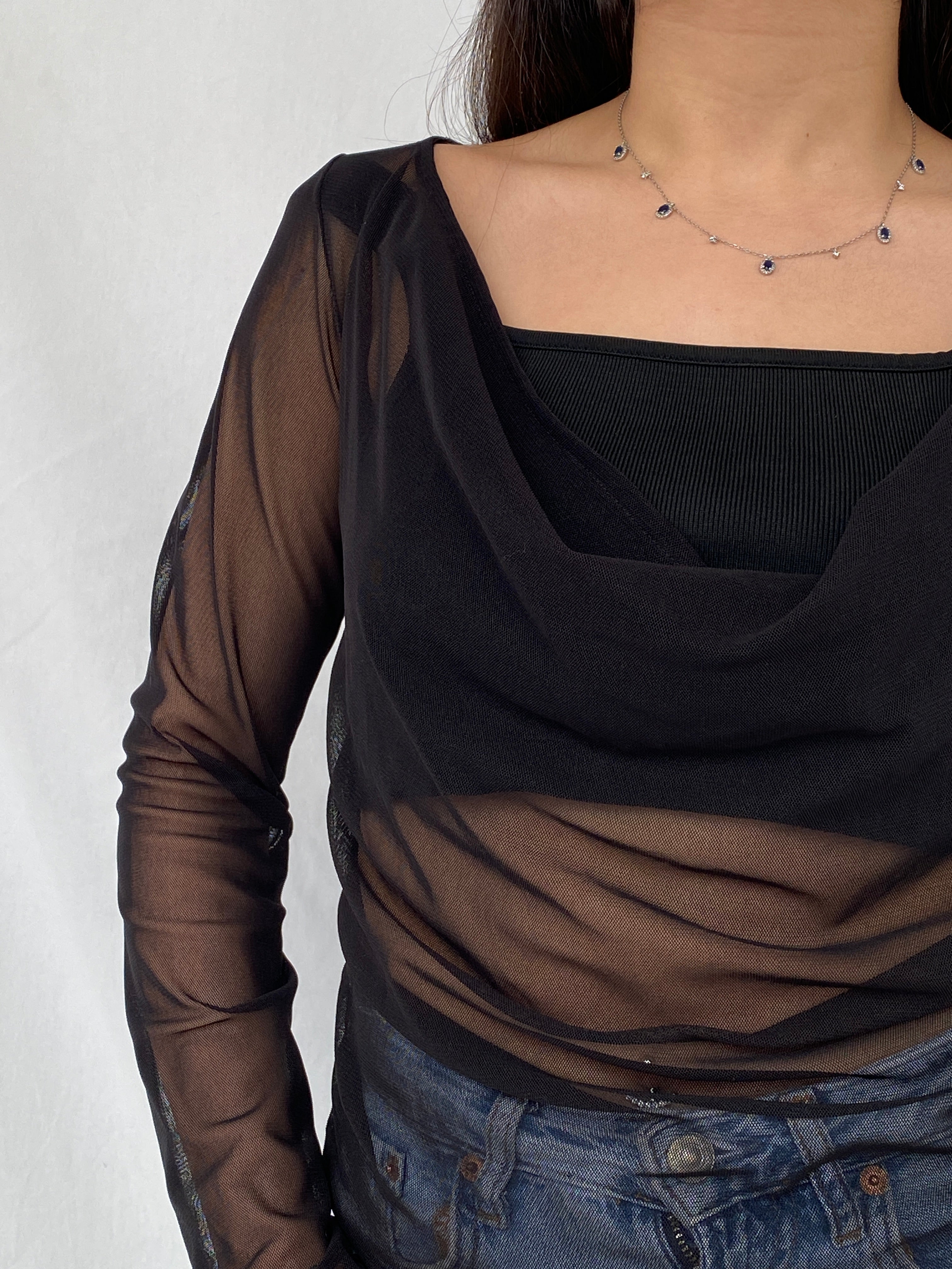 Vintage Stretch Line Black Women’s Long Sleeve Mesh Draped Top - M