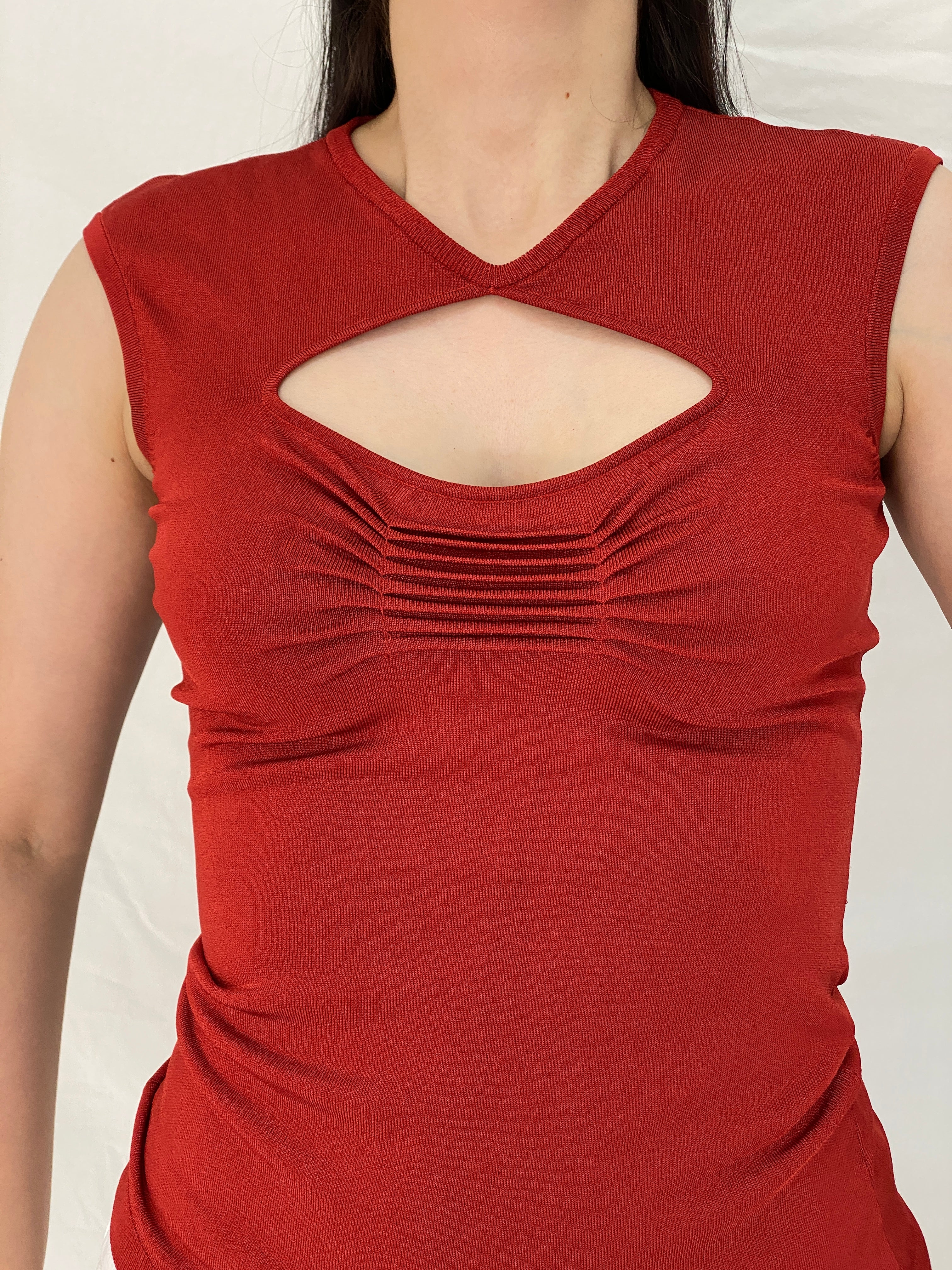 Vintage Y2K Cache Rust Red Rayon Blend Keyhole Knit Top – S