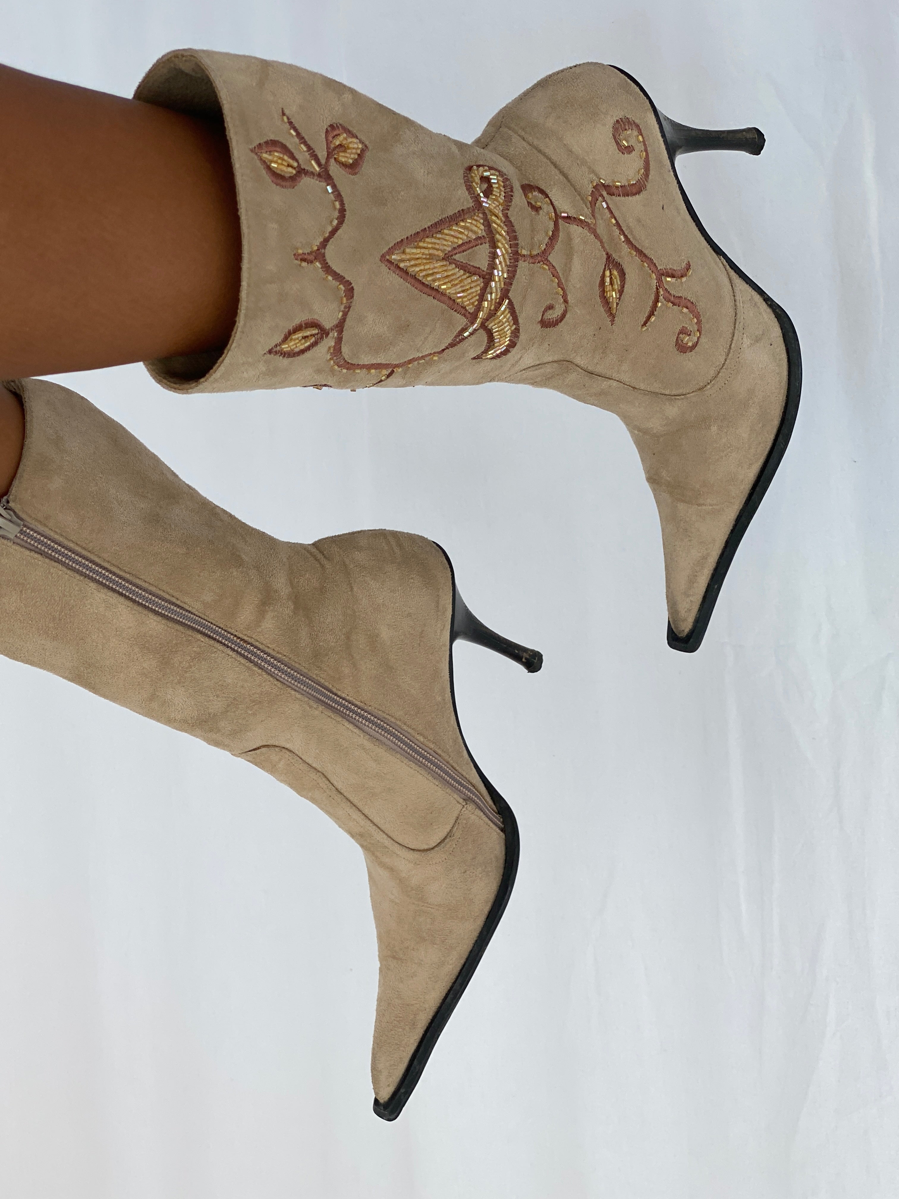 Vintage Milano Camel Suede Western Embellished Heel Boots